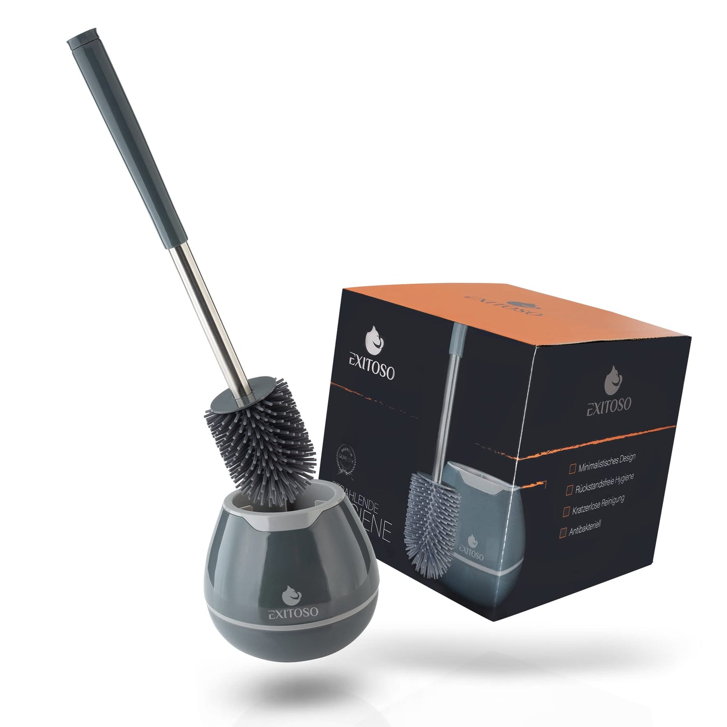 Exitoso? Hygienic silicone toilet brush with container as a set, long handle, flexible premium toilet brush for a clean toilet in grey and black,
