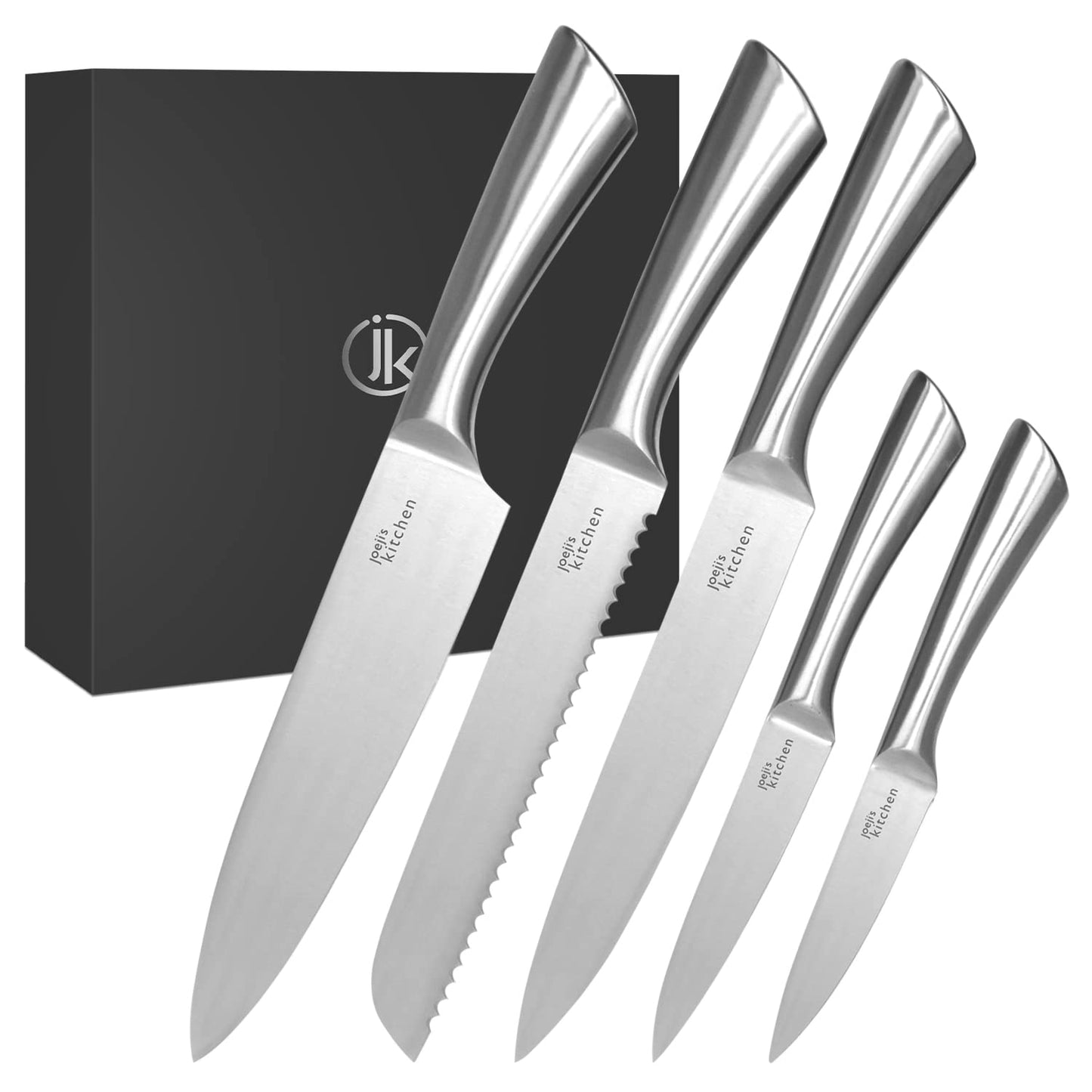 joeji's Kitchen 5-in-1 Chef Knife Set - High Carbon Stainless Steel Kitchen Knives - Single-Forged All-Metal Set with Bread, Chef, Santoku, Utility,