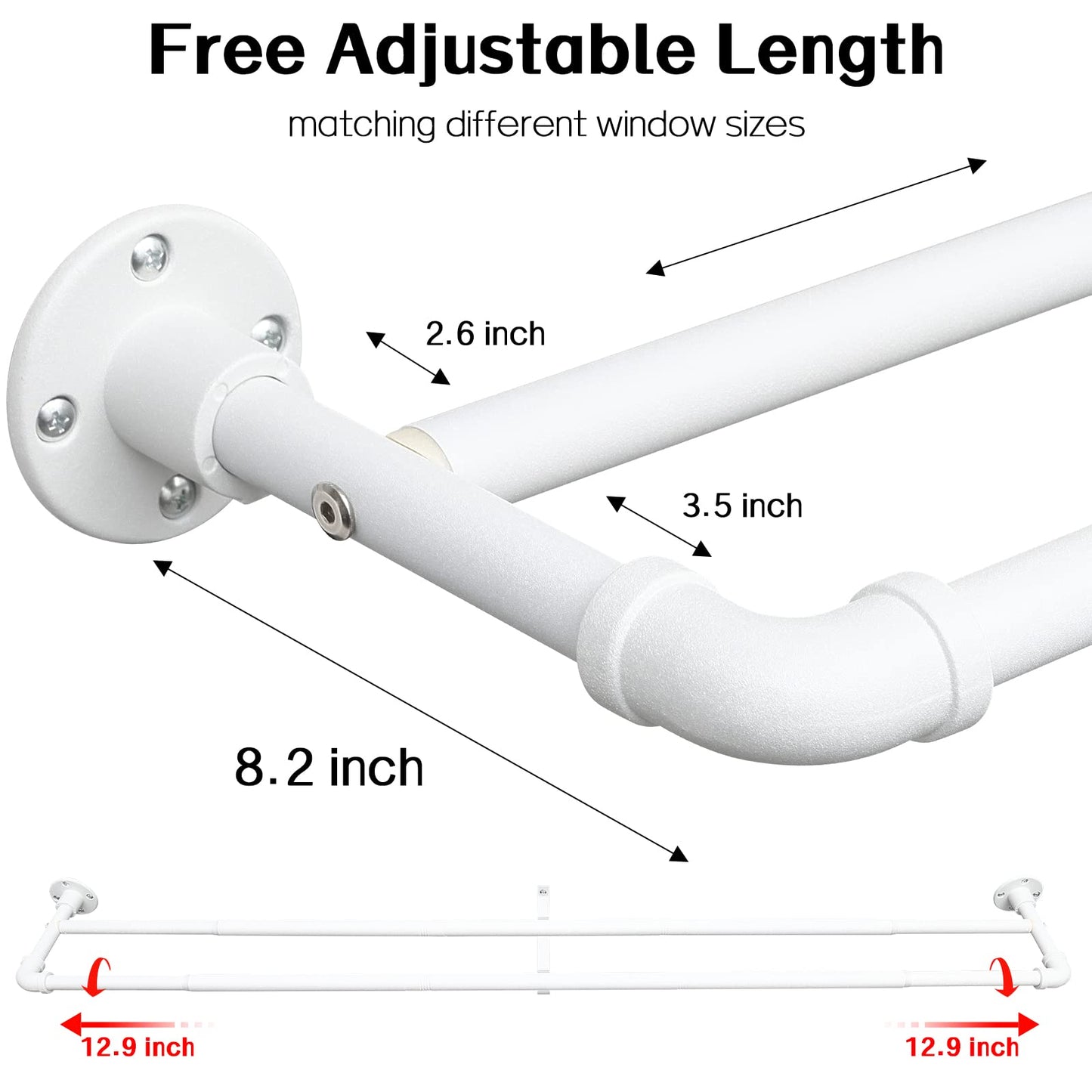 Harrms Industrial Double Curtain Pole, Curtain Poles for Eyelet Curtains, Matt White, 74-273cm, Extendable Metal Curtain Rod Blackout Room Darkening