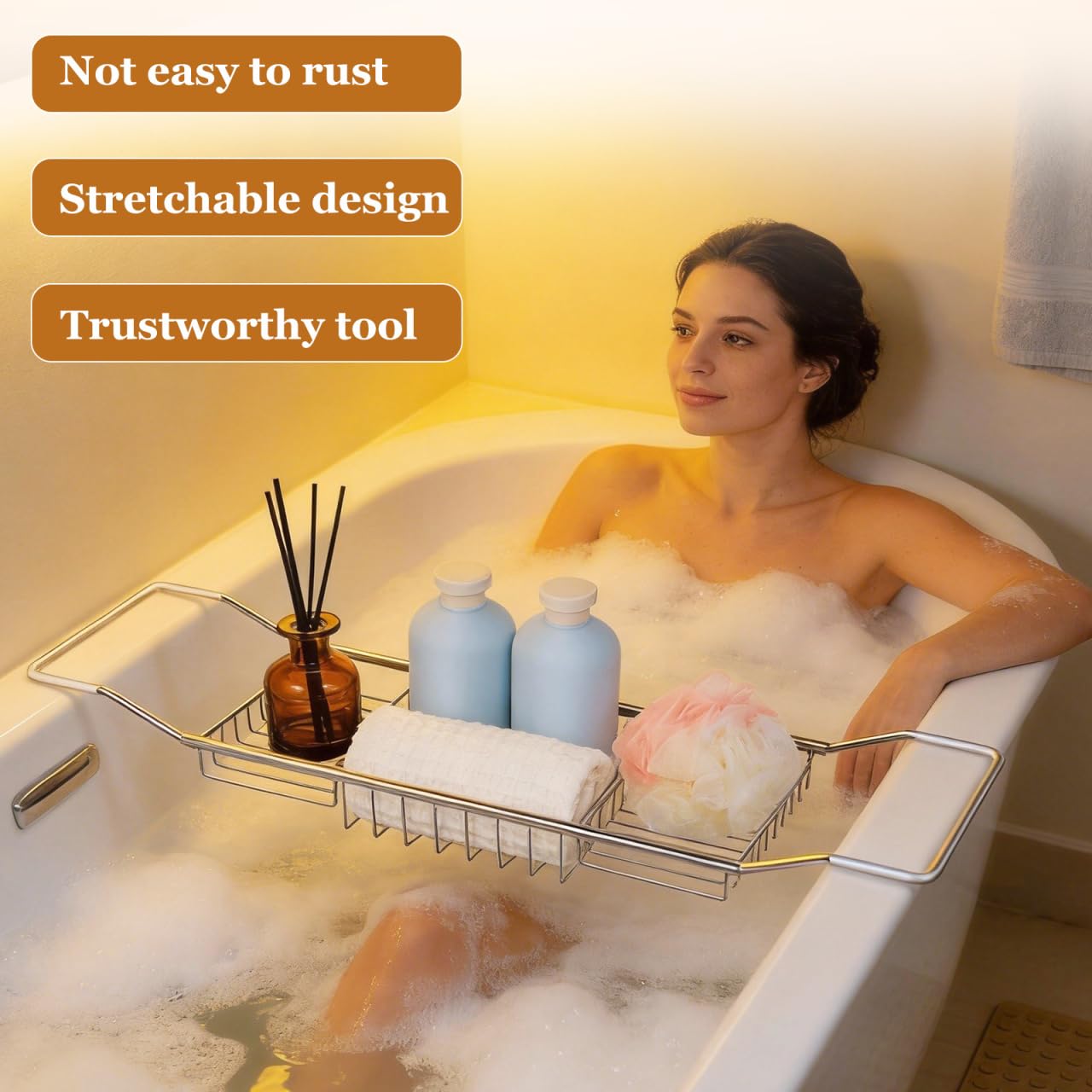 Operitacx Extendable Stainless Steel Bathtub Tray, Versatile Shower Tub Tray, Adjustable Bath Shelf Rack for Bathroom Storage Phone Holder Book Rest