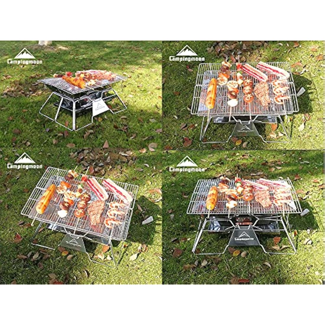 CAMPINGMOON Portable Camping Fire Pit Stainless Steel Foldable Collapsible BBQ Grill Wood Burning Charcoal 20x13-inch with Carrying Bag MT-3