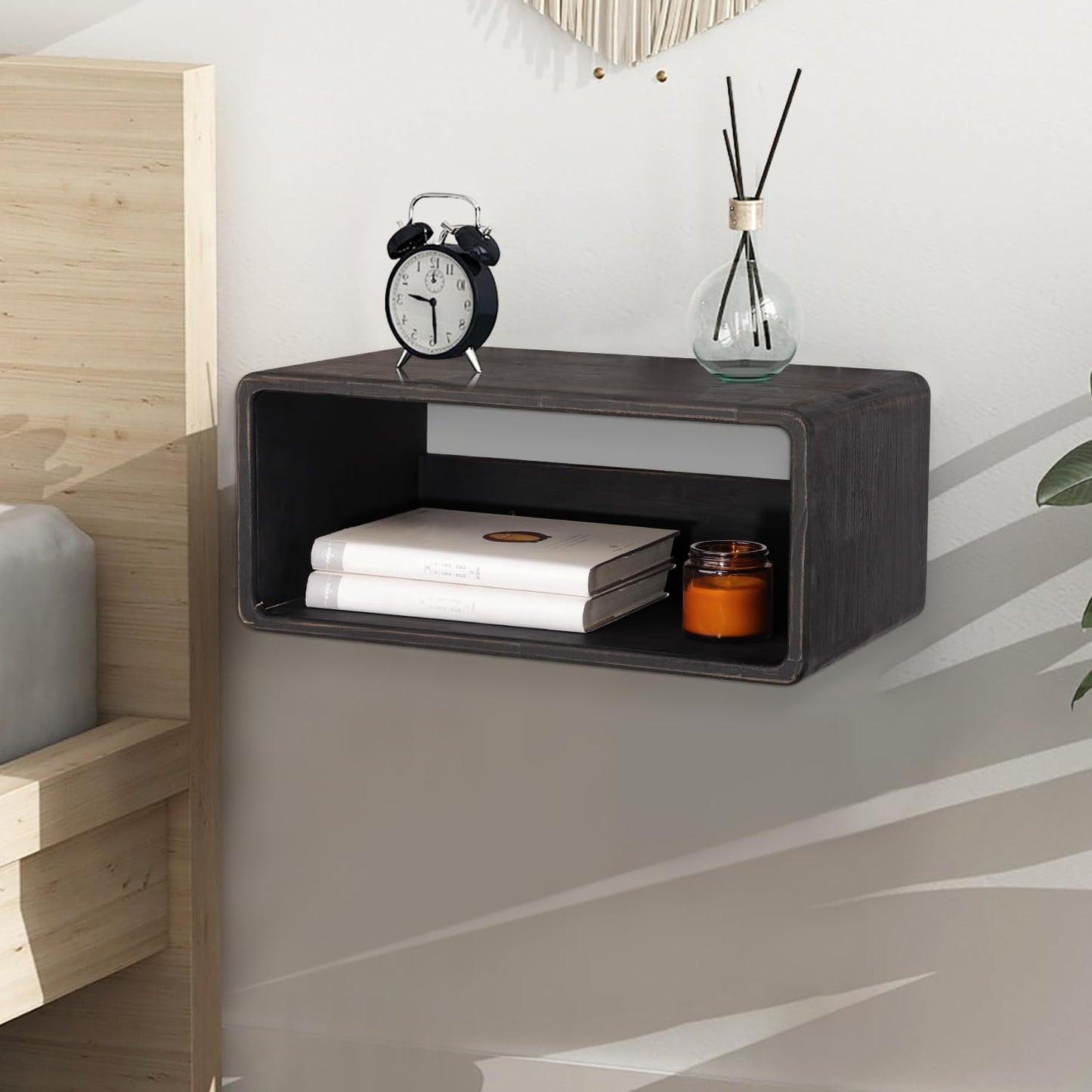 WDSHIYI Wood Floating Nightstand Side Table 43 x 19 x 25 CM Rustic Black, Modern Wooden Floating Nightstand for Bedroom Bedside Table for Bedroom
