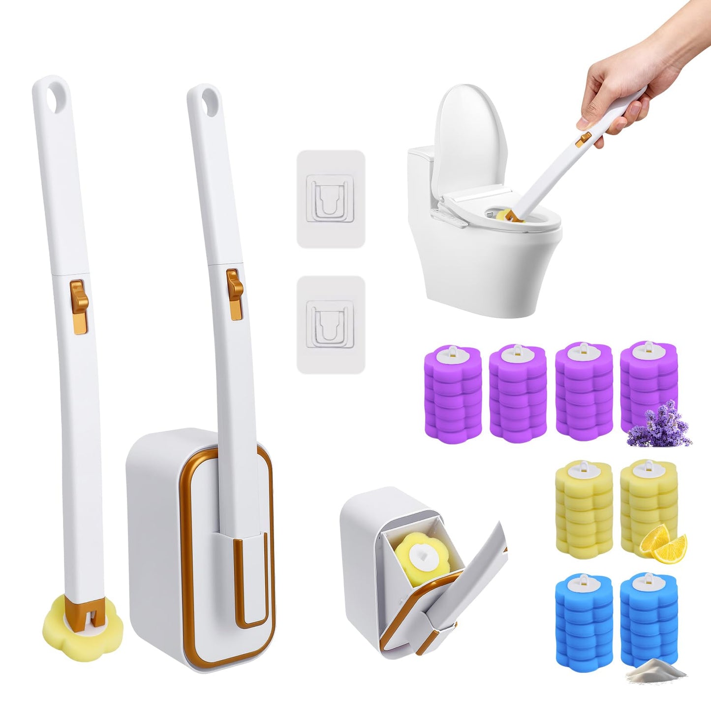 Disposable Toilet Brush 2 Pack, Toilet Brush and Holder Set with 48 Cleaner Refills, Wall Mounted Holder for Toilet Bowl Cleaners, Disposable Toilet
