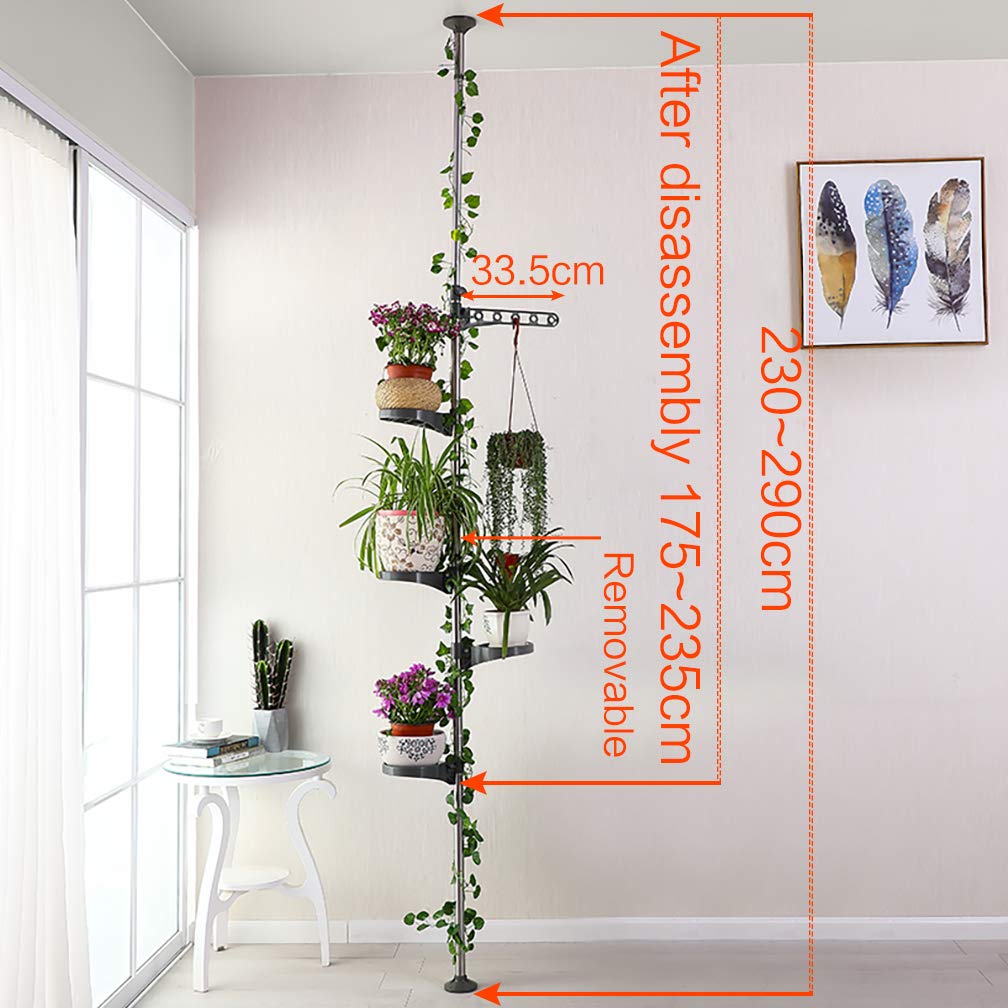 Hershii 5-Layer Indoor Plant Stand Pole Spring Tension Rod Corner Flower Display Rack Holder Adjustable Telescopic Floor to Ceiling Shelf Space Saving