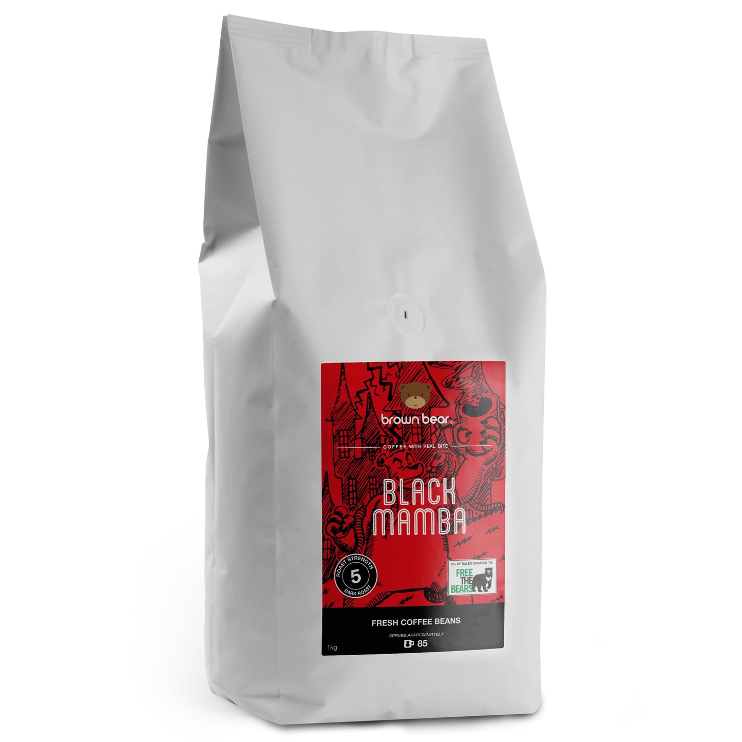 High Caffeine Strong Robusta Strongest Coffee Beans 1kg - Brown Bear Black Mamba Blend - For All Coffee Machines - Our Very Strongest Coffee Ever -