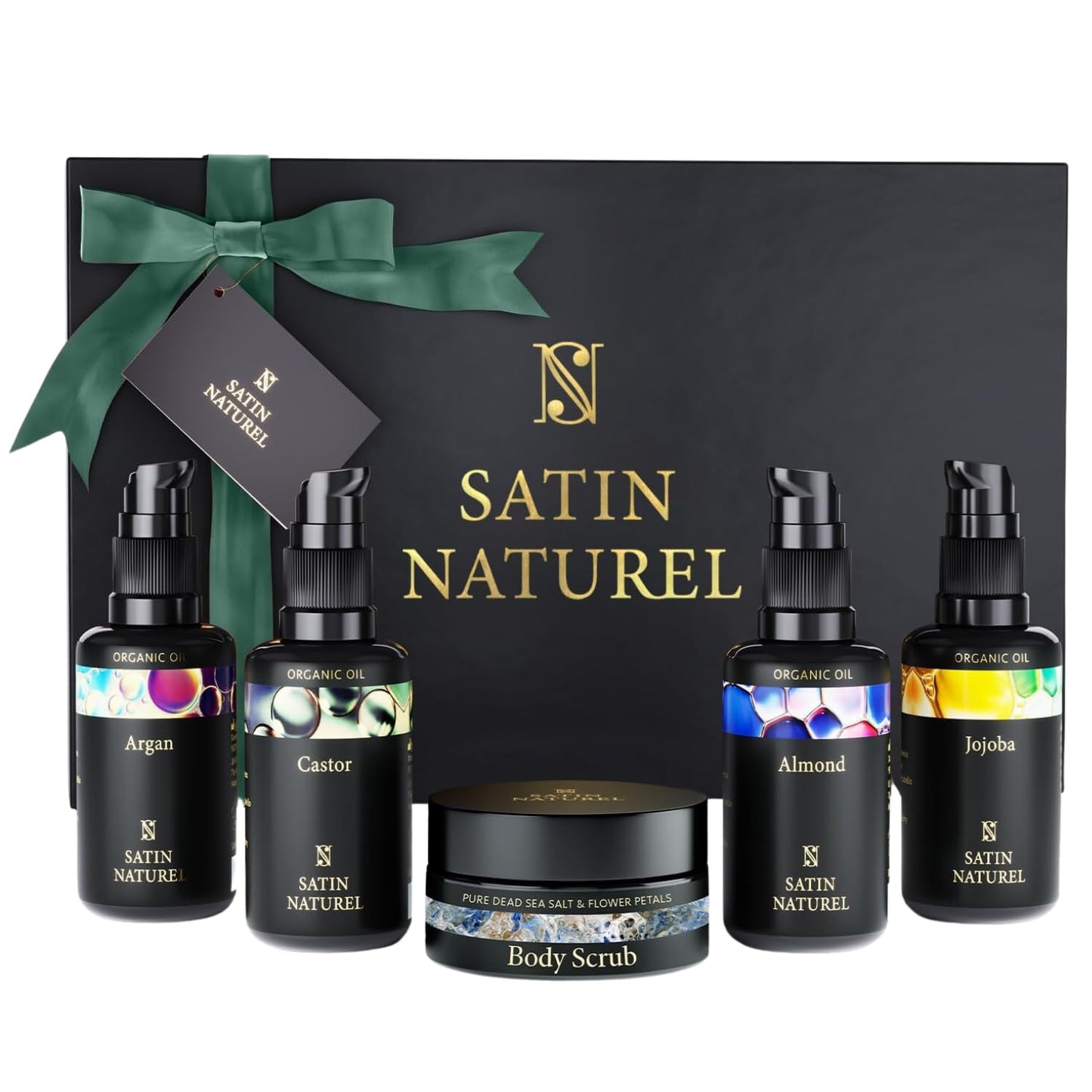 Satin Naturel Luxury Gift Set for Women ? 5?30 ml Organic Hair Growth, Argan, Jojoba, Almond & Castor Oils with Body Scrub ? Strength & Shine Blend ?