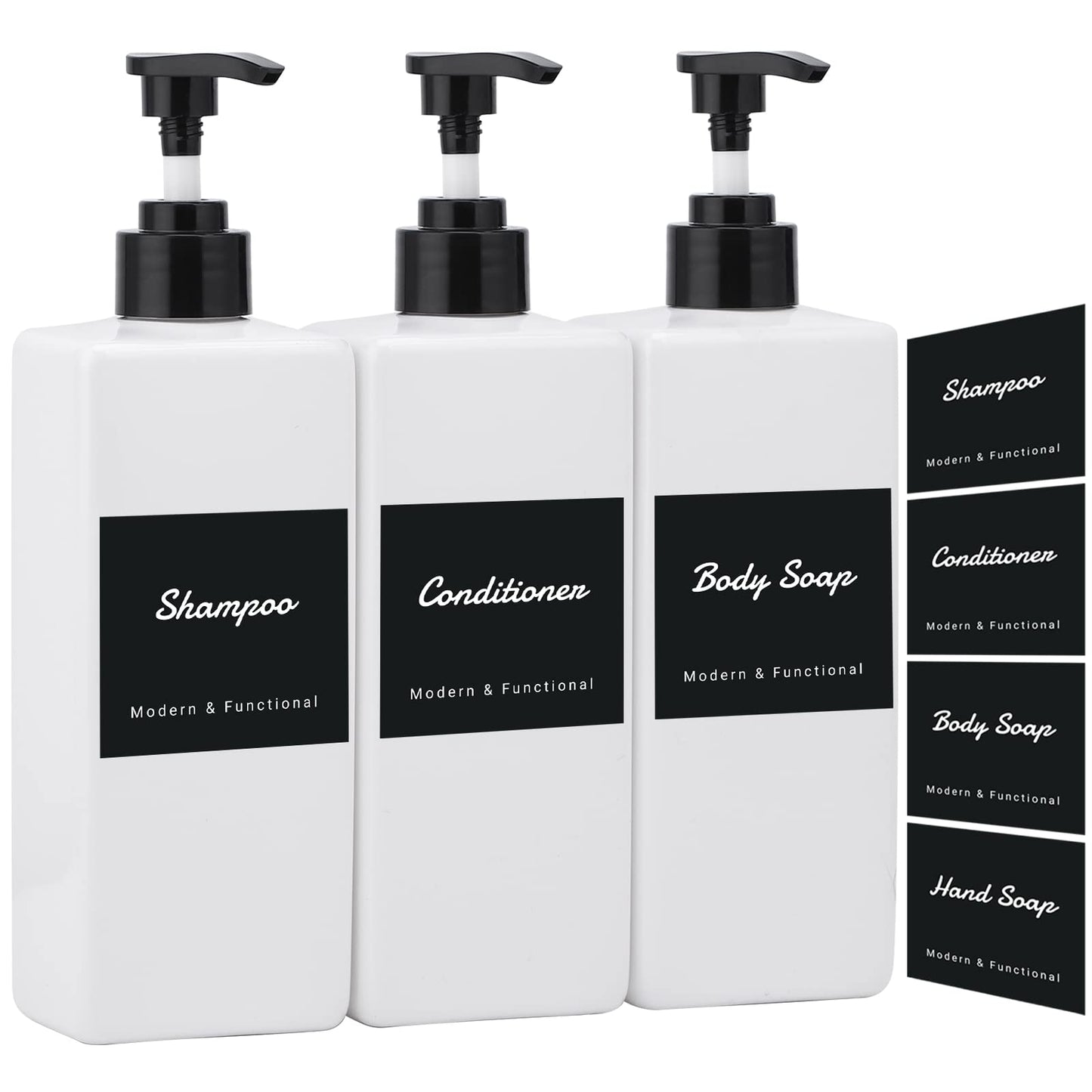 Segus Shower Gel Dispenser, 3 Pieces Pump Bottle Dispenser 500ml, Empty Soap Bottle Kitchen, Bathroom Bottles with Labels (White)