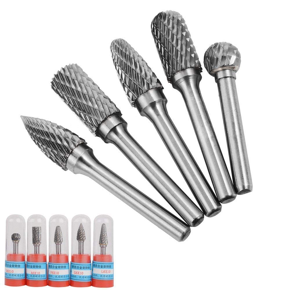 Bestgle Set of 5 6X10MM Cutting Head Tungsten Carbide Double Cut Rotary Carving Burr Set with 6mm Shank for DIY Woodworking Metal Polishing Engraving