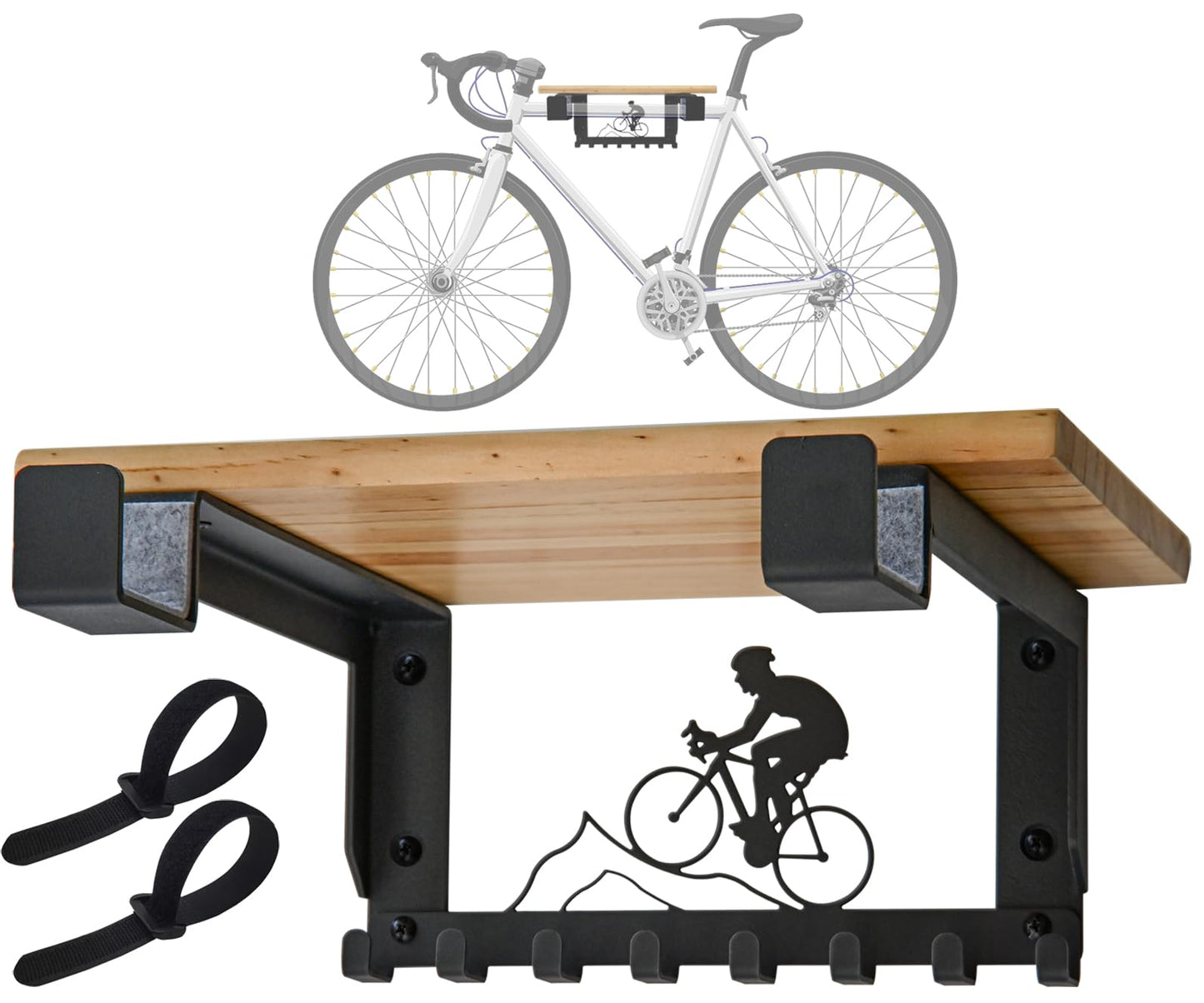bike Rack Wall Mount with Shelf and 8 Hooks Offers Horizontal Indoor Storage for Sheds and Garages. Wooden Bike Bracket for Road and Mountain