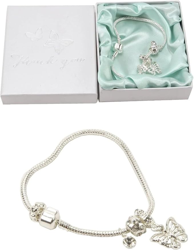 Silver plated thank you butterfly charm bracelet