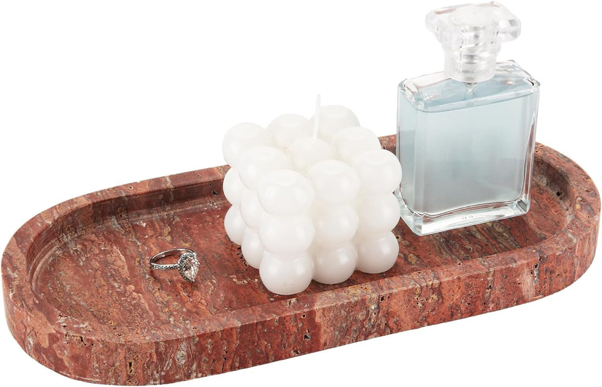 WORHE Natur Marble Vanity Tray Luxury Oval Stone for Jewelry Perfume, Carkey and Earrings, Bathroom,makeup Countertop Storage Organizer Decorative for