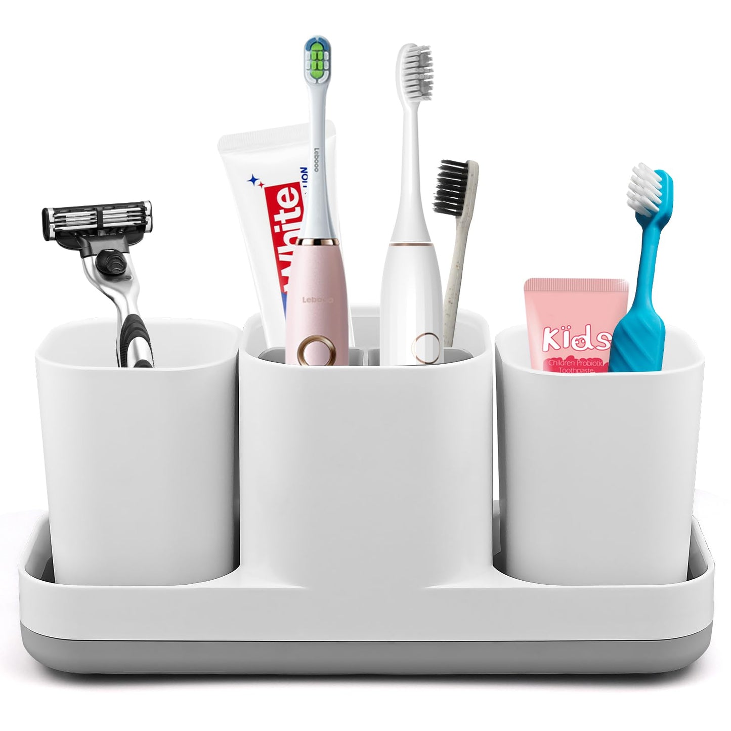 Toothbrush Holder with Tumblers Set, Multifunctional Electric Toothbrush Holder, Toothbrush Caddy Toothpaste Razors Stand for Bathroom Countertop 3