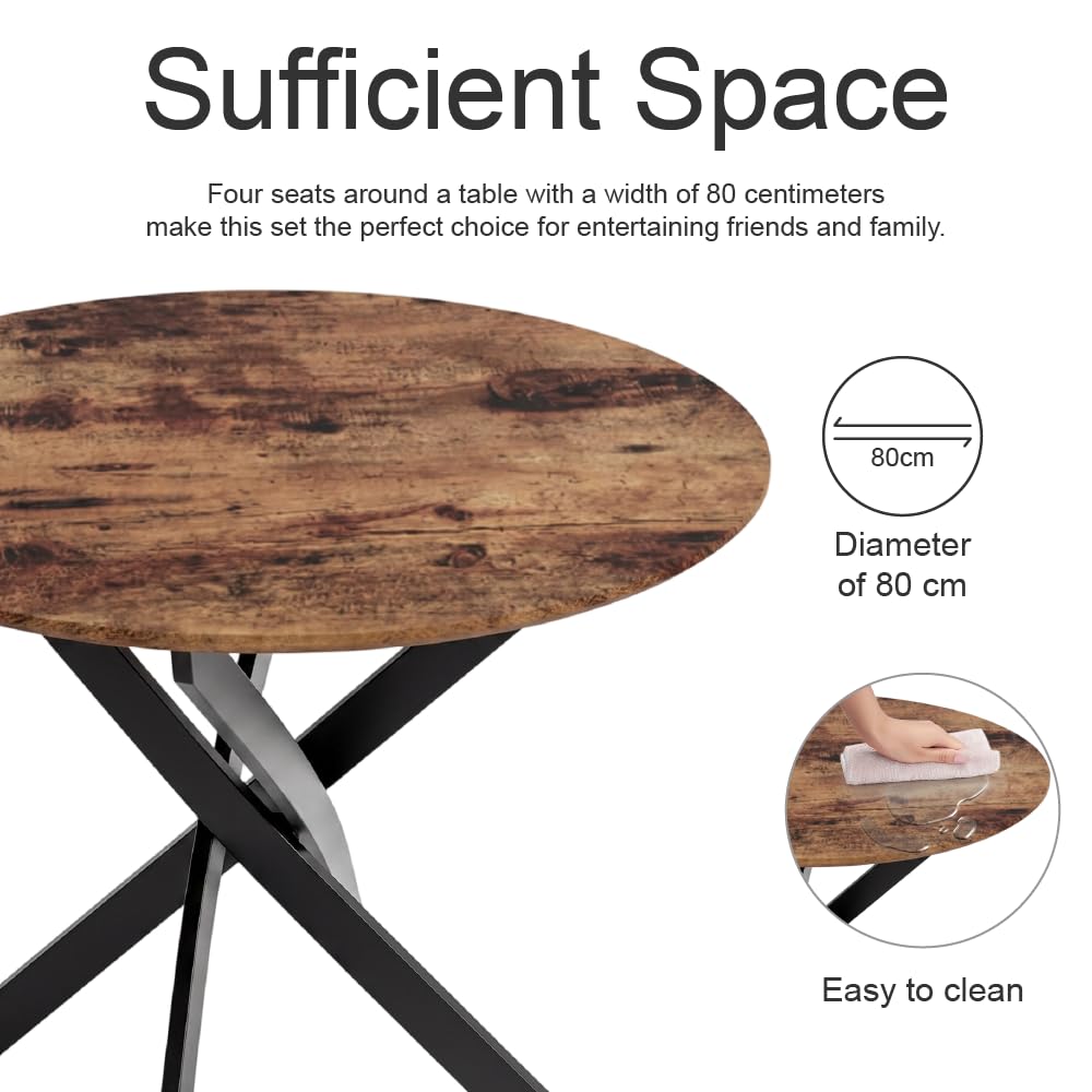 NIERN Round Dining Table 80cm, Space-Saving Wooden Kitchen Table for 2-4 People, Sturdy Black Metal Legs,Compact Dining Table for Small Spaces, Brown
