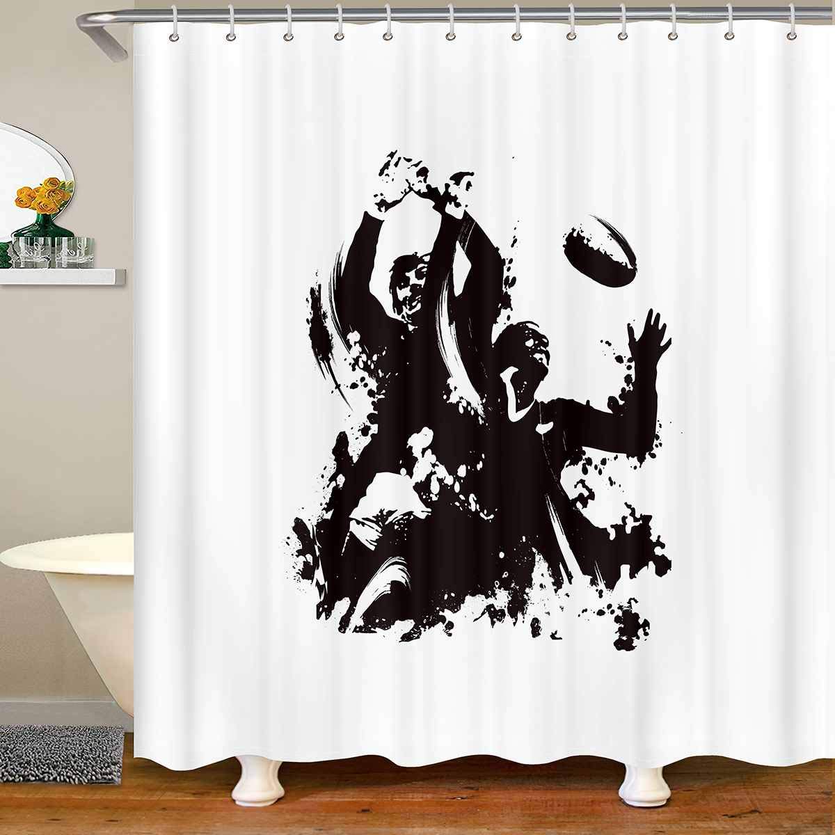 Loussiesd Boys rugby player Shower Curtain Sports Bathroom Fabric Shower Curtain Set for Kids Teens 3D Ball Bath Curtain Athlete Competitive
