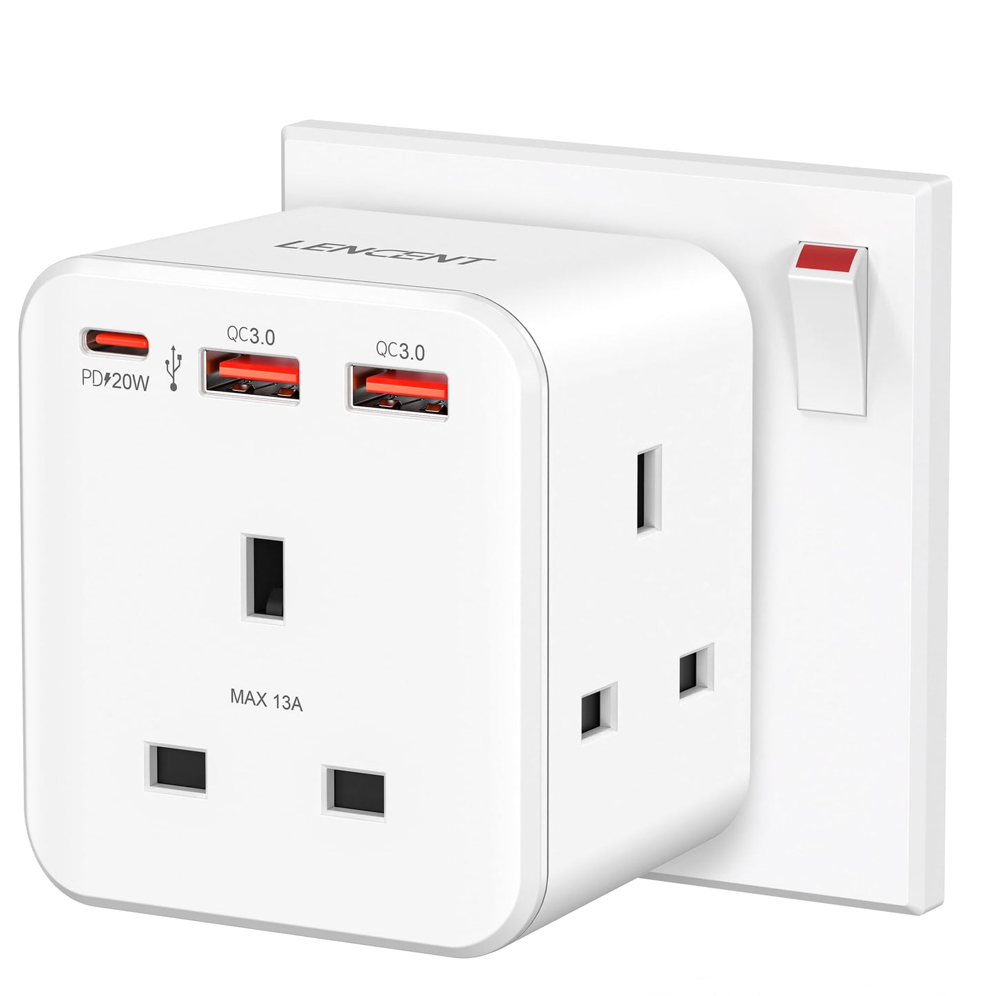 LENCENT 3 way plug adaptor with 3 Fast Charge USB, 6-in-1 Cube Multi Plug Extension with PD&QC 3.0 20W USB Wall Charger, Plug Extender for Home,