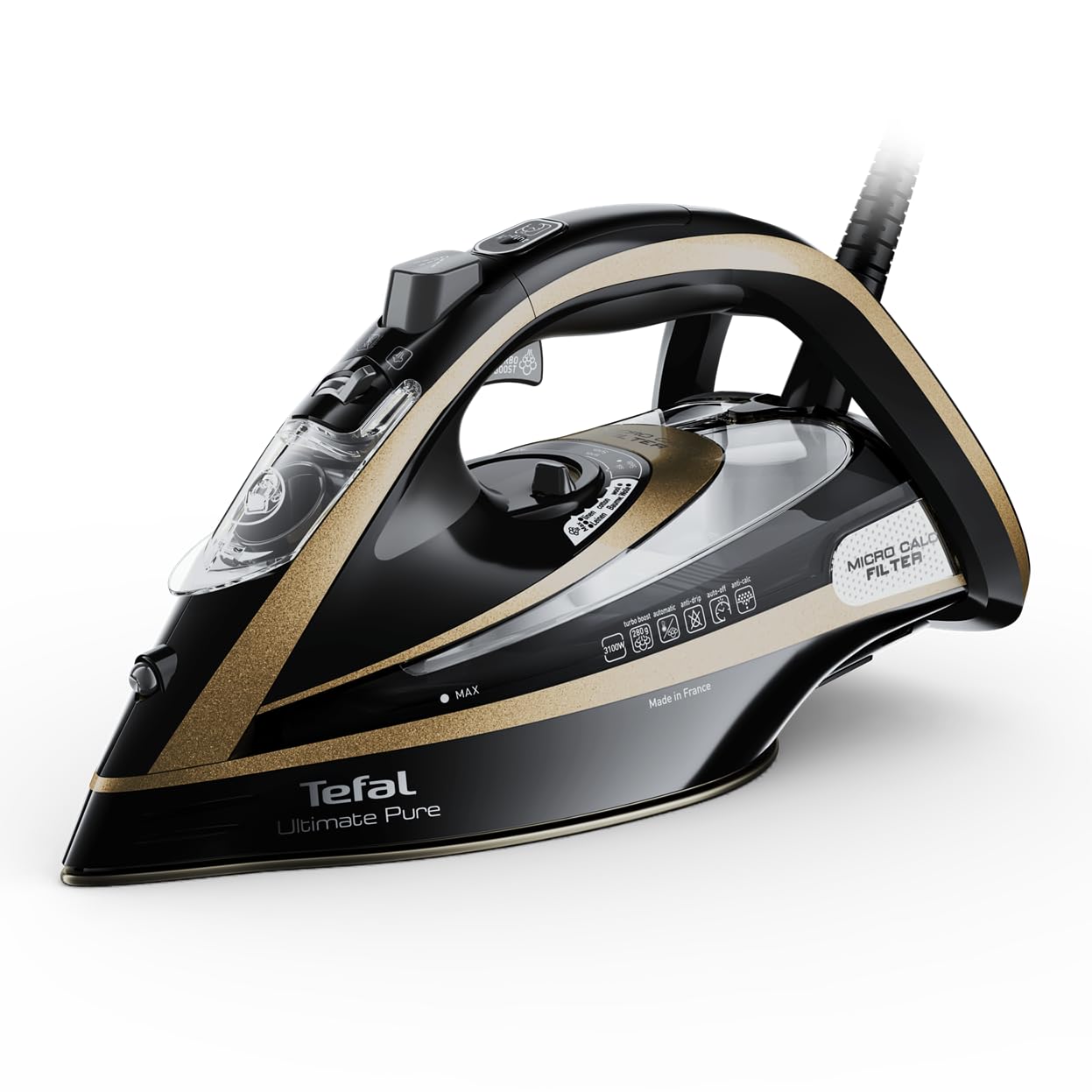 Tefal Ultimate Pure Steam Iron, 3100W, 280g/min Steam Boost, 350ml Water Tank, 3m Cord, Non-Stick Durilium Soleplate, Anti Scale, Anti-drip, Black and