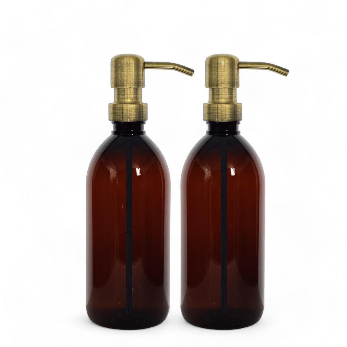 AVALON Brown Amber Plastic Bottles - Antique Brass Style Metal Pump 500ml - Pack of 2 - Refillable Plastic Soap Dispenser Bottle for Bathroom/Kitchen