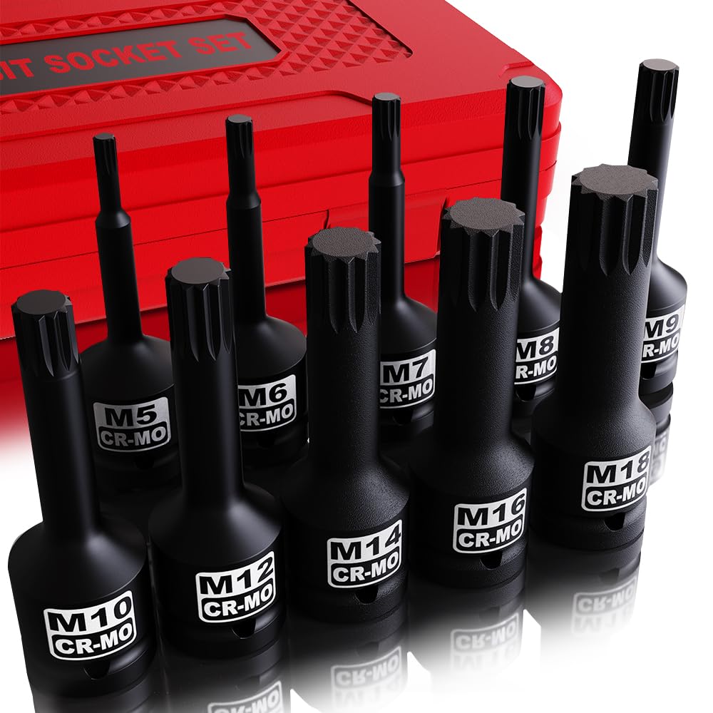 KIRXST 1/2 Inch Impact XZN Bit Socket Set, M5 - M18, 10 Piece 1/2" Drive Impact Triple Square Spline Bit Socket Set
