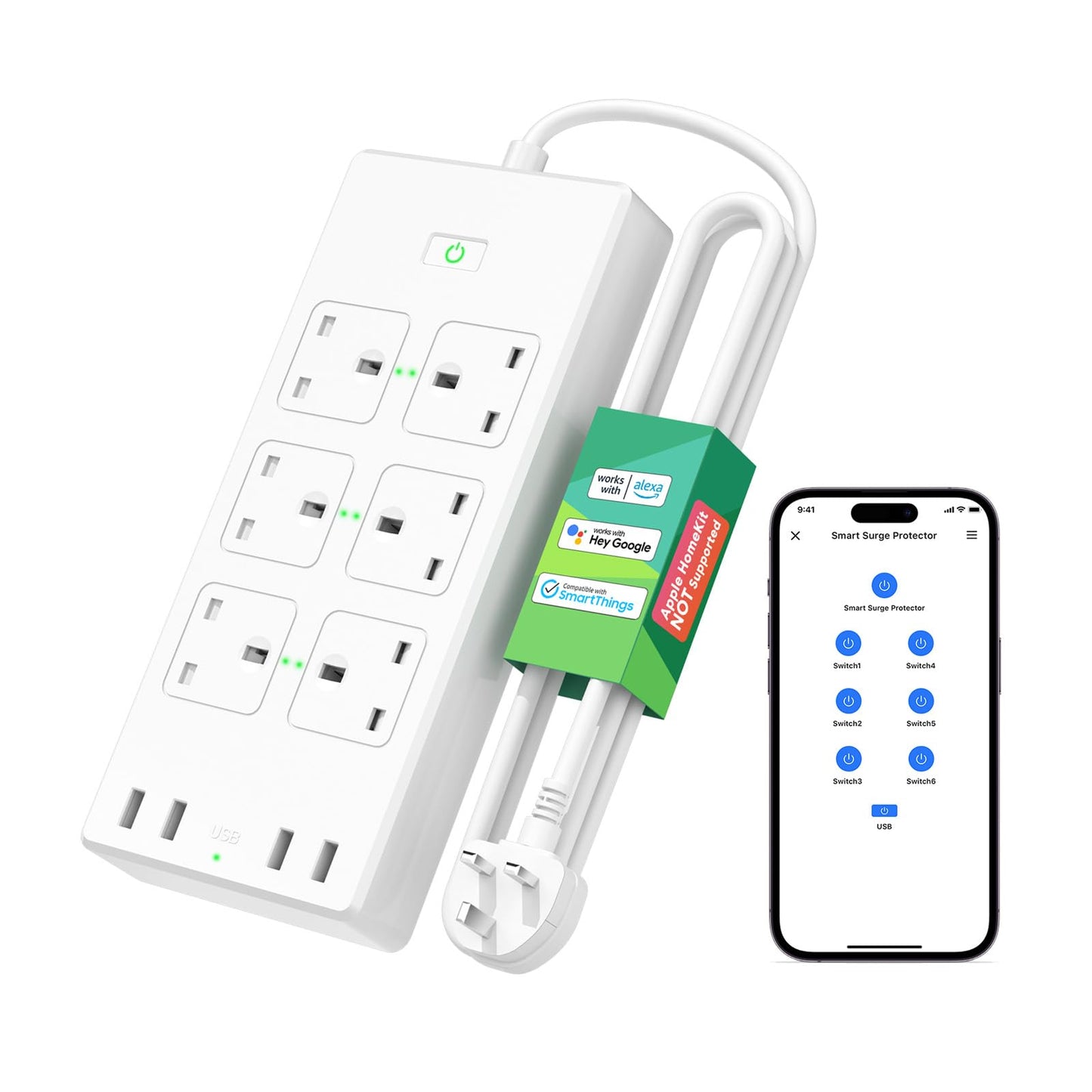 Meross Smart Power Strip with USB, 6 AC Outlets and 4 USB Ports, Alexa extension lead Compatible with Alexa, Google, SmartThings, 2.4GHz WiFi