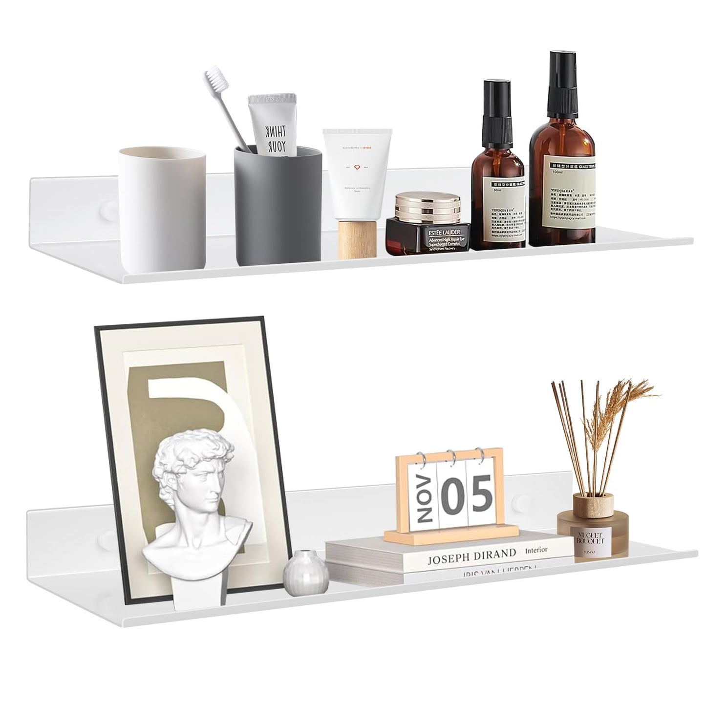 YUET Bathroom Shelf 2 Pack 40CM, White Shower Caddy Wall Mounted Or Self Adhesive Waterproof, Metal Small Floating Shelves, Wall Storage Shelf for