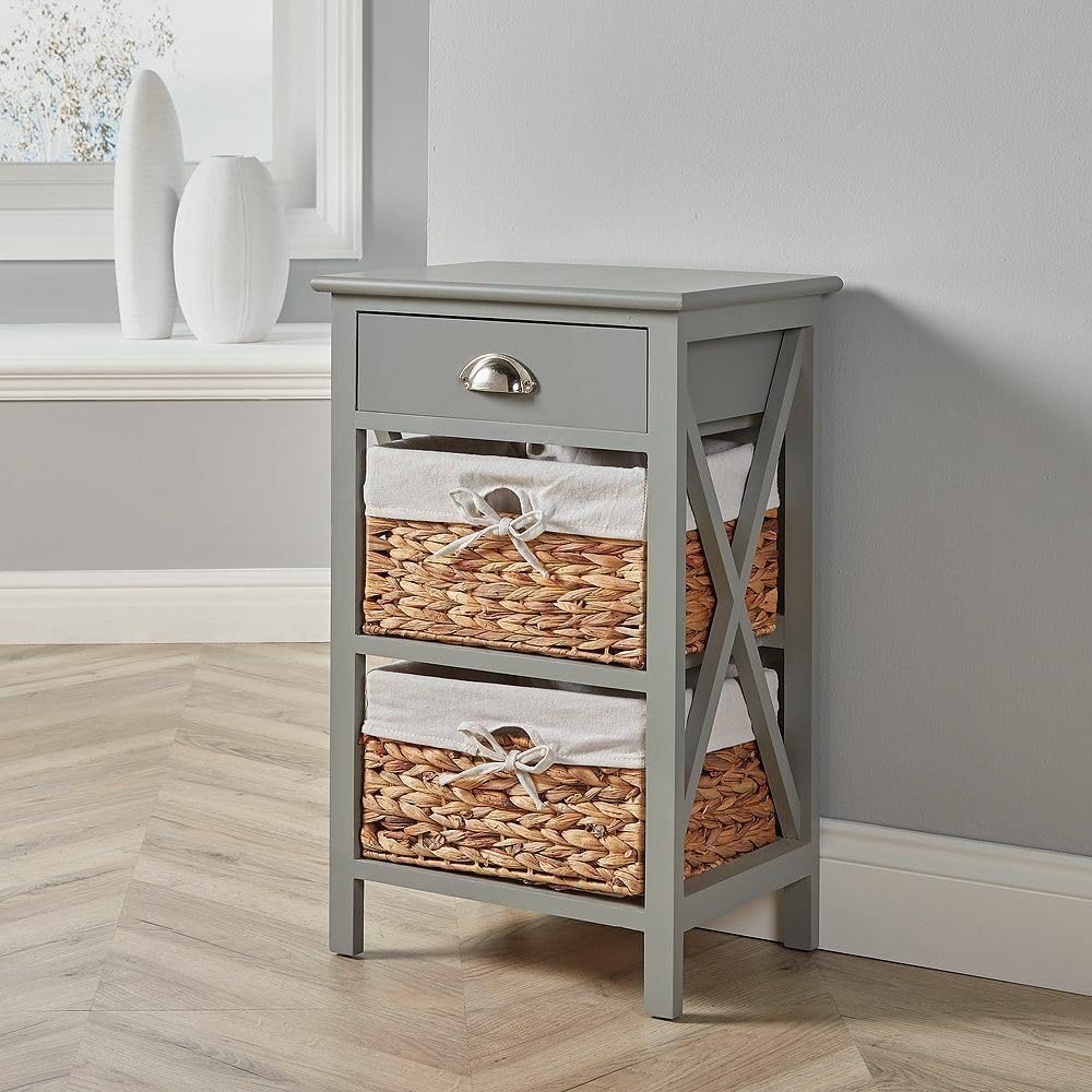 Home Source Bedside Table Storage Cabinet, Wooden Slim Chest with Water Hyacinth Basket Organiser, Grey, 2 Drawer