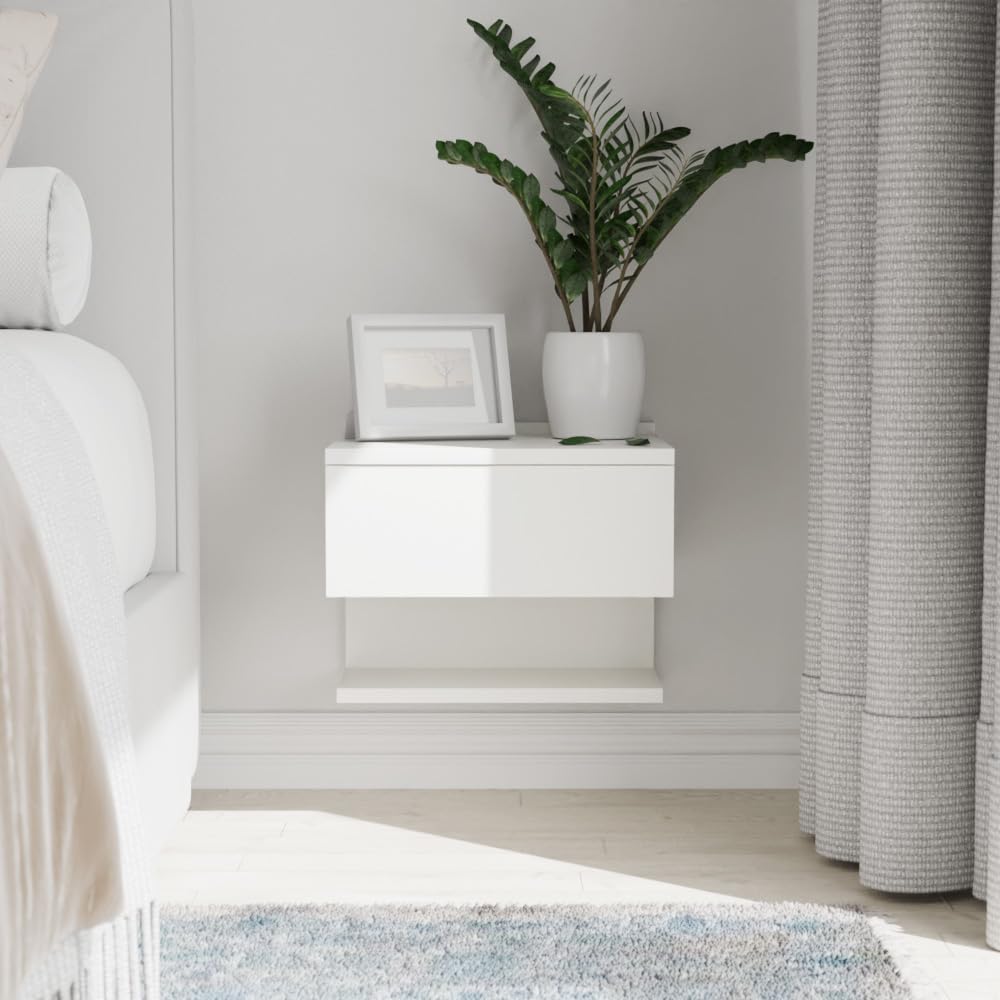 ComfortCove Wall Bedside Tables, Bedside Drawers with Storage Shelf, Hanging Bedside Cabinet, Slim End Wall Table with Storage Shelf, White. Size: W35
