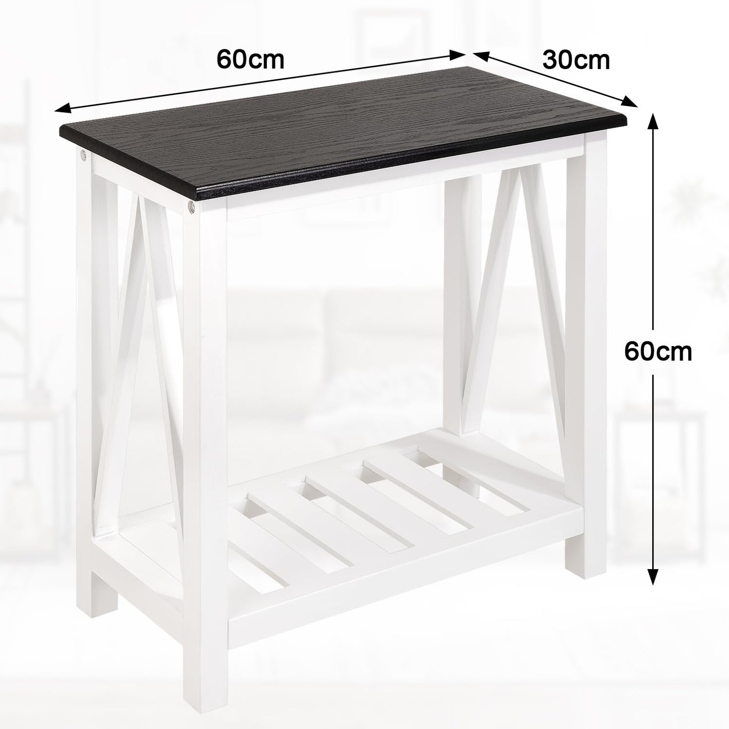 FEUFOAM Farmhouse End Side Table Wood Frame Narrow Side Table with Shelves Black White Rectangular Night Stand Sofa Table for Couch, Small Spaces