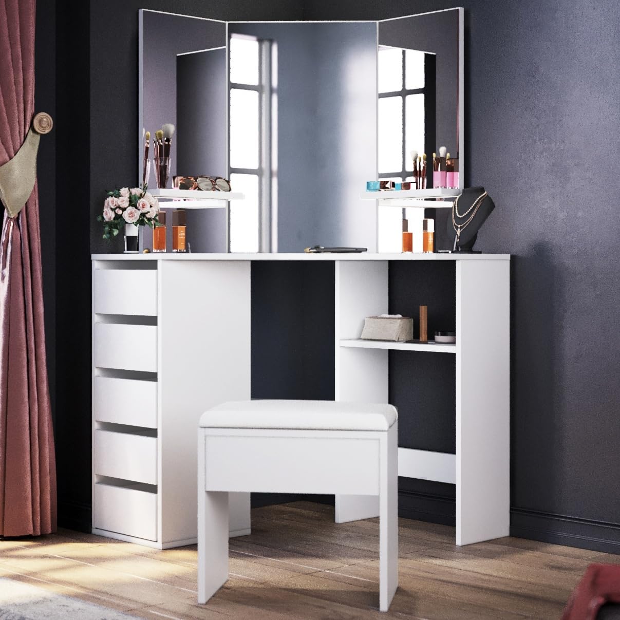 ELEGANT Corner Dressing Table Set, Vanity Makeup Desk with 3 Angle Mirror and 5 Drawers, White Corner Vanity Desk with Cushioned Stool, Large Storage