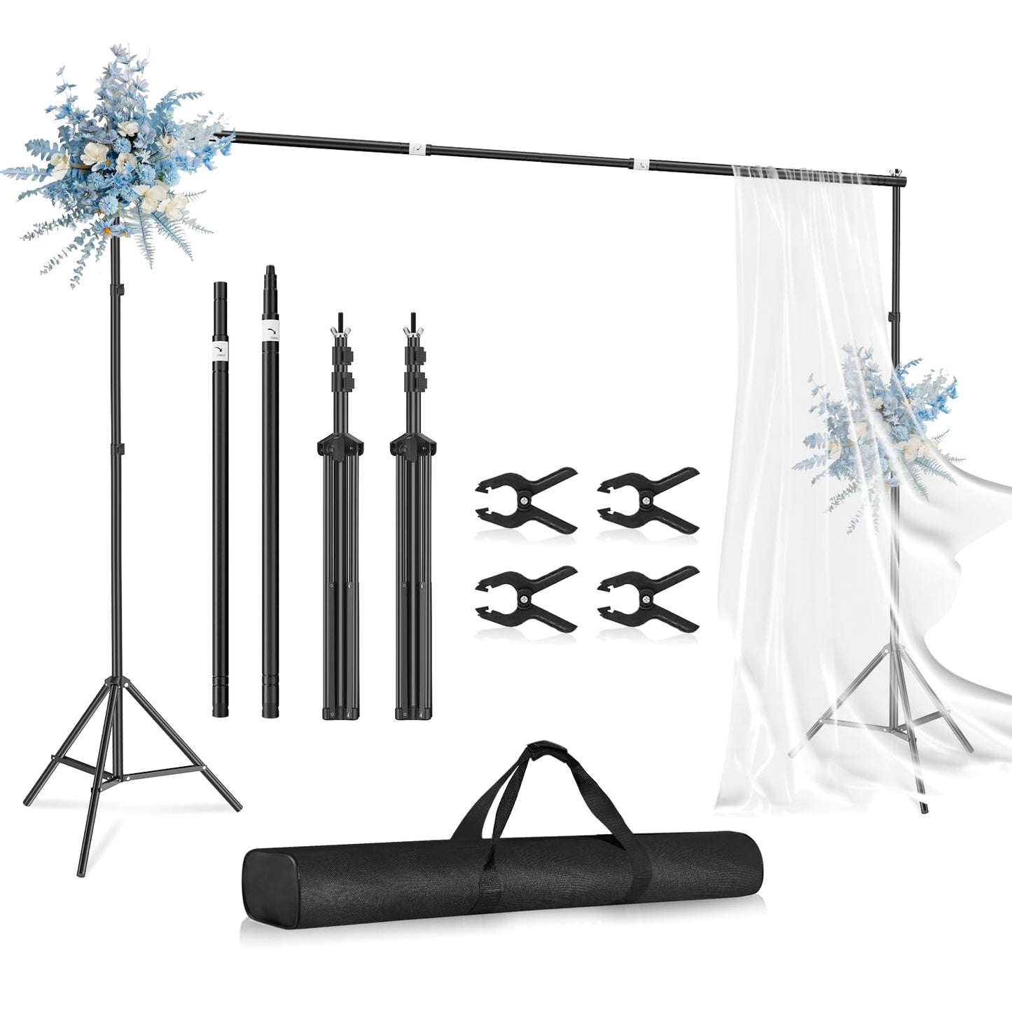 HolaDream Backdrop Stand Kit, 2.1x3m/7x10ft Adjustable Photography Background Frame with 2 Crossbars, 4 Spring Clamps and Carrying Bag for Wedding,