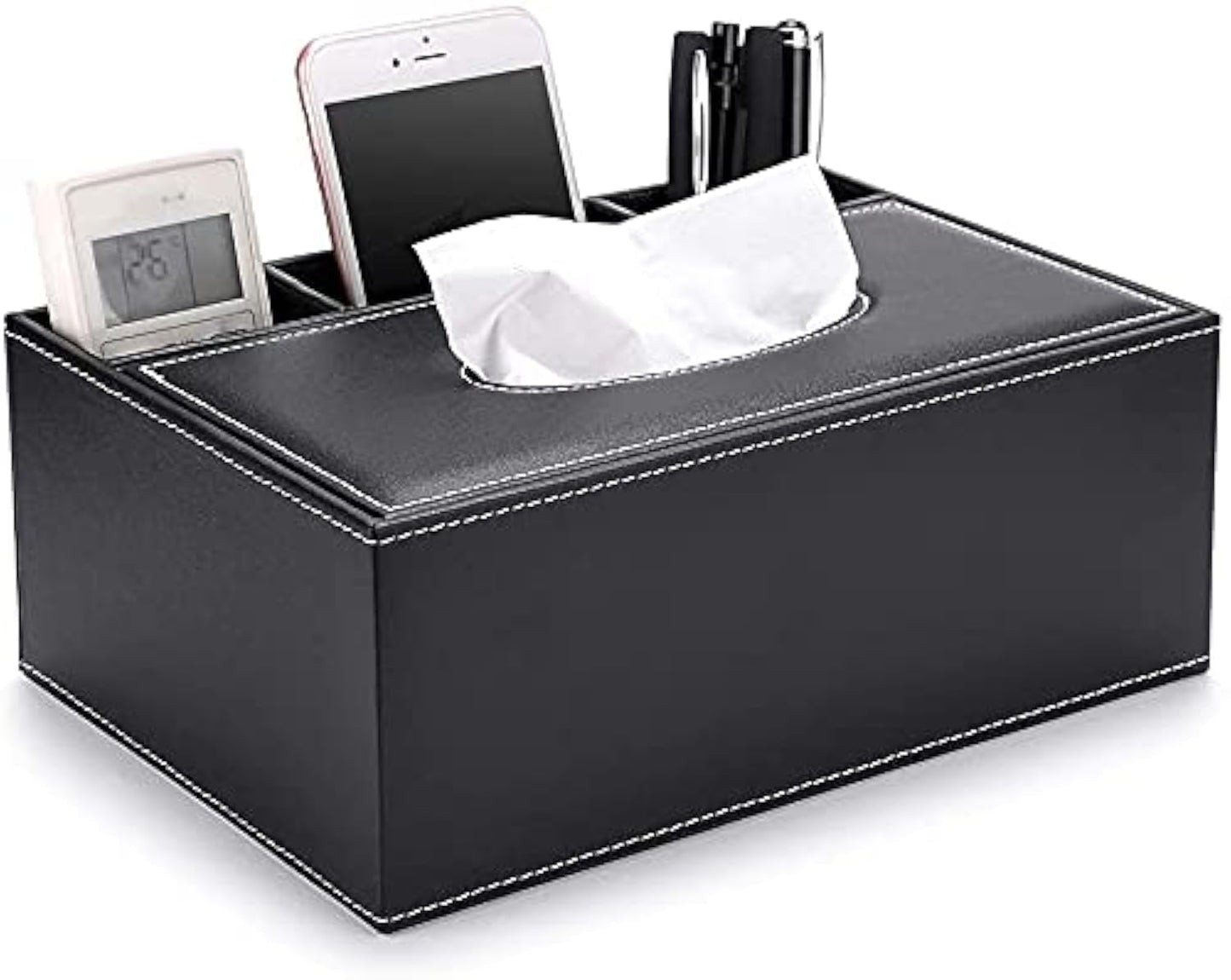 PU Leather Household Office Rectangular Large Tissue Box with Remote Control Storage Organizer Box - Elegant and Stylish Home Napkin Holder Desktop
