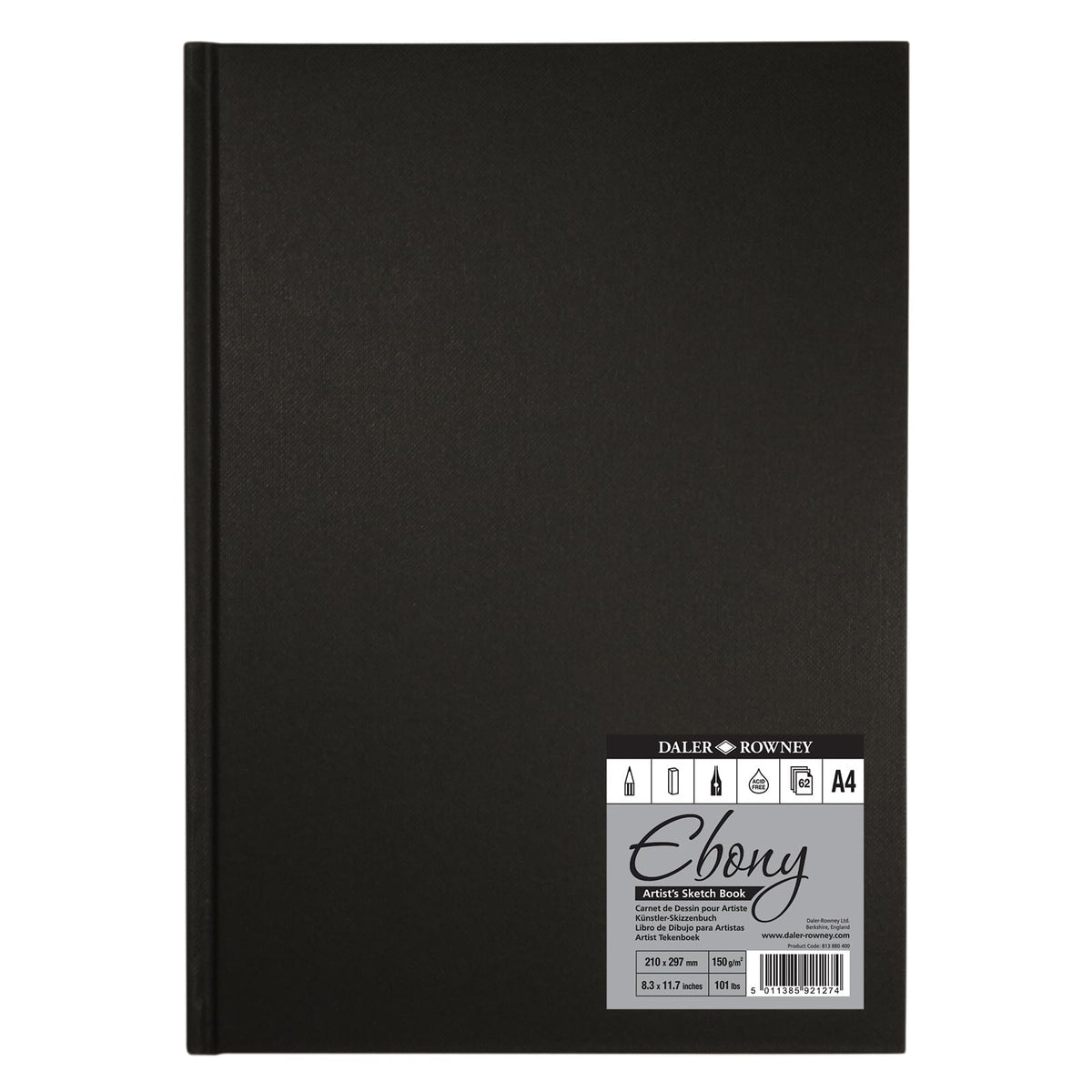 Daler-Rowney Ebony 160gsm A4 Smooth Portrait Hardbound Sketchbook, Casebound, 54 Natural White Sheets, For Professional Artists & Students