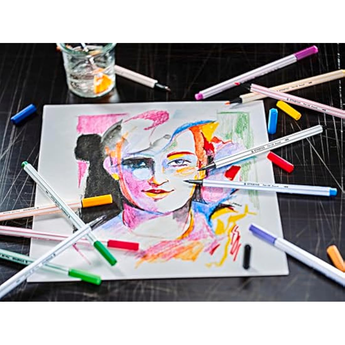 STABILO Pen 68 brush - Premium Fibre-Tip Pen with Brush Tip - ARTY - Tin of 30 - Assorted Colours