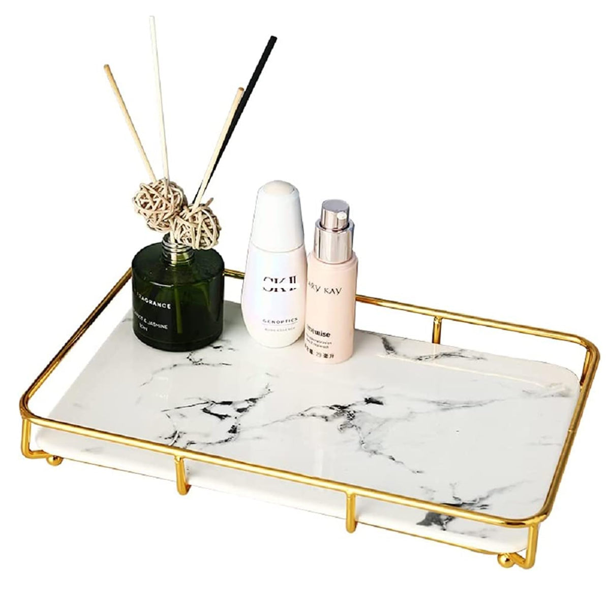 Dobbyby Vanity Tray Makeup Organizer Cosmetics Storage Bathroom Skincare Organizer Countertop Display Rack in Dresser Stainless Steel Shelf Marble