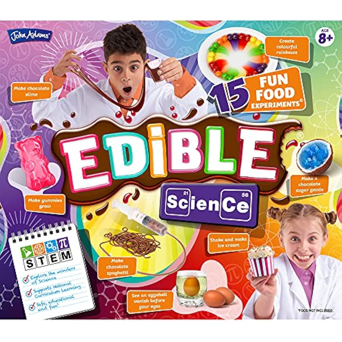 John Adams Edible Science Kit: 15 Fun Food Experiments | STEM Toy | Age 8+ | Create, Eat & Enjoy Food Such As Chocolate Spaghetti, Edible Slime & Sugar Crystal Geode | Gift Idea Birthday, Christmas