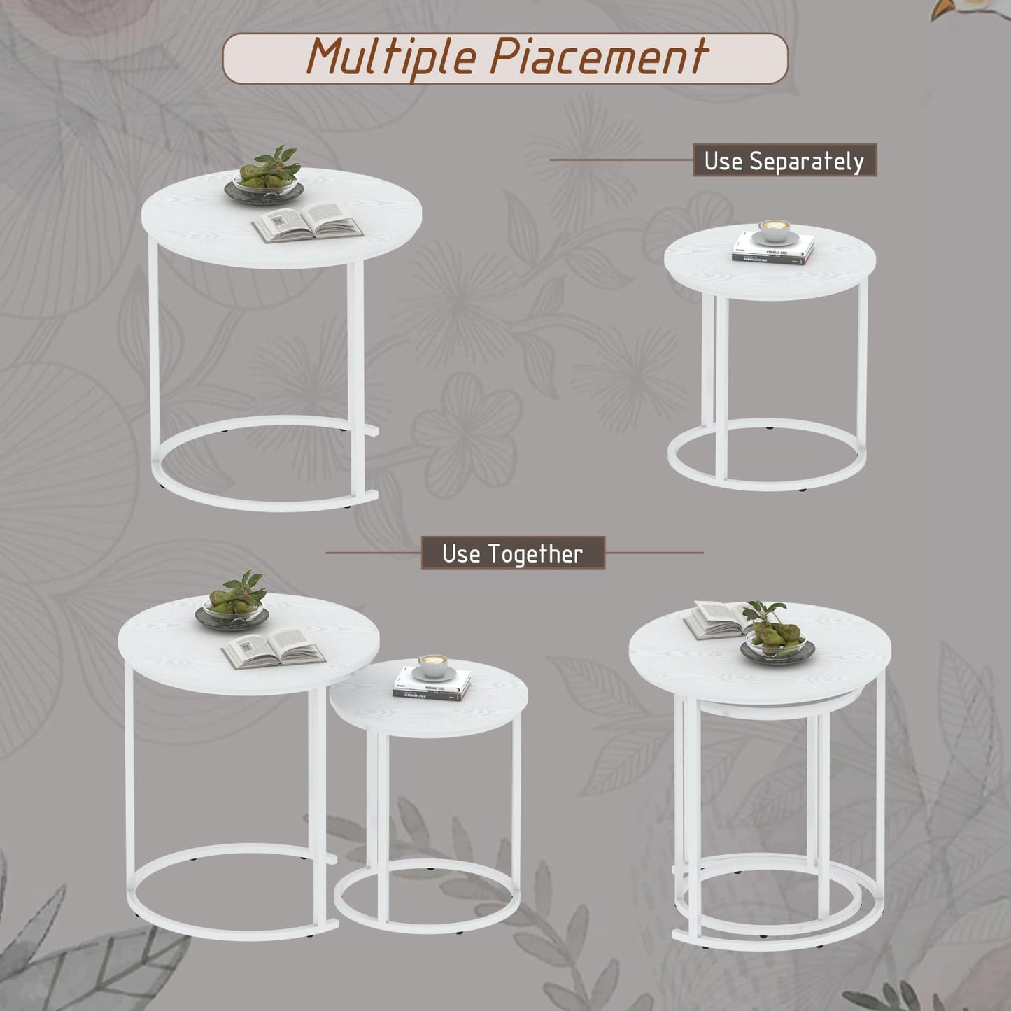 Garden 4 you Nest of Tables Set of 2,Round Coffee Table for Living Room,White Removable Coffee Table Set,Nesting Tables End Table for Living Room