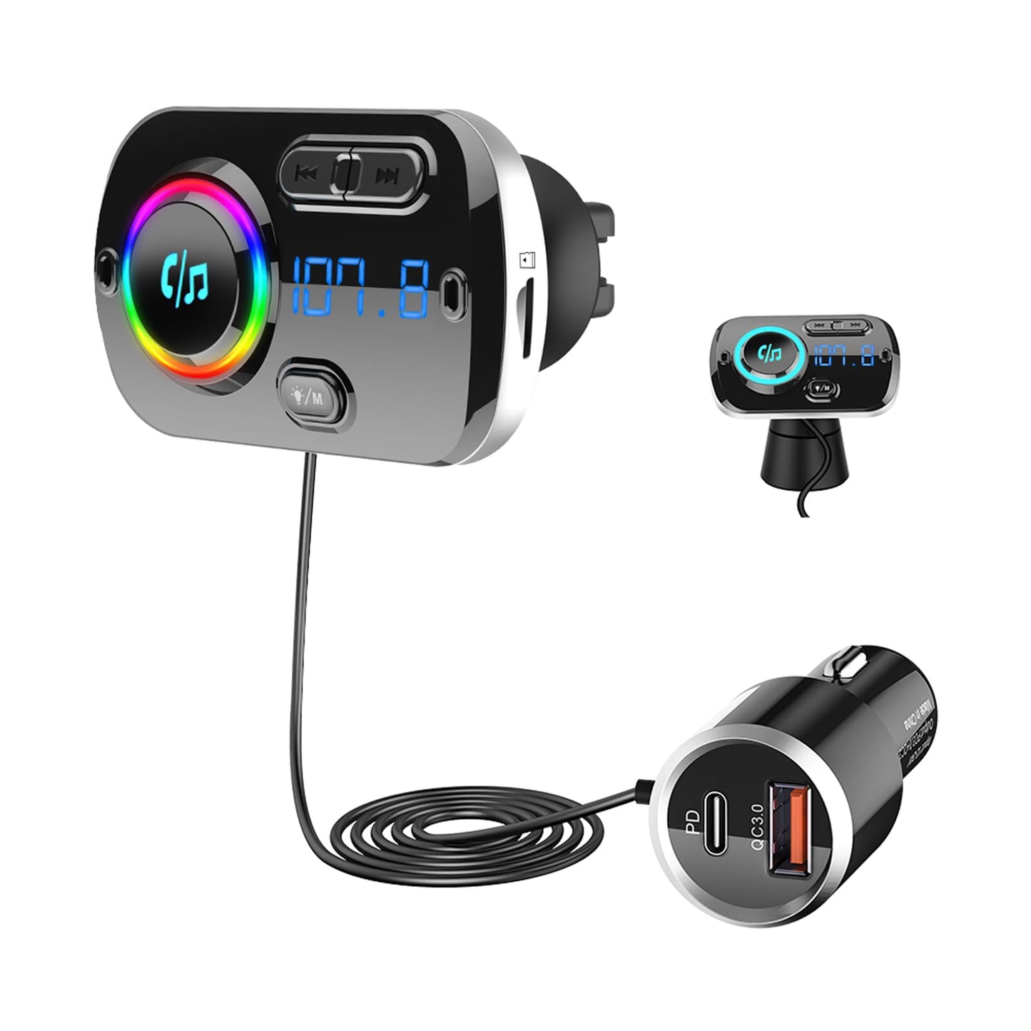 SONRU Newest FM Transmitter Bluetooth 5.3, Car Radio Adapter Hands-Free Car Kit, PD3.0 30W Type C & QC3.0 Fast Car Charger, Support TF Card, AUX