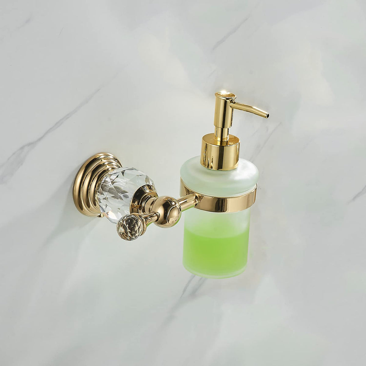 WOLIBEER Crystal Soap Dispenser Wall Mounted, Polished Gold Liquid Soap Holder Bathroom 8.5 OZ Glass Bottle with Pump Stainless Steel