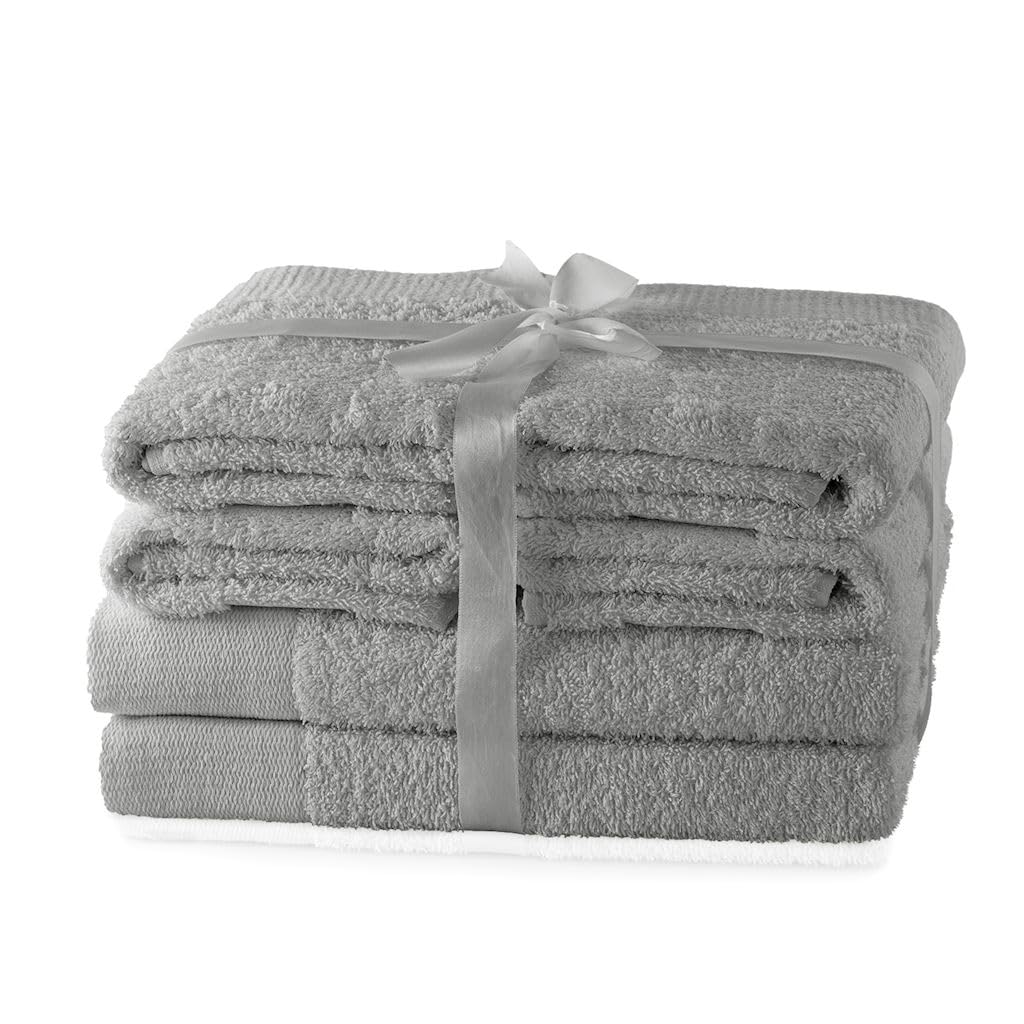 AmeliaHome Set 6pcs 4 Towels 50x100 cm and 2 Bath Towels 70x140 cm 100% Cotton Absorbent Steel Silver Grey Amari