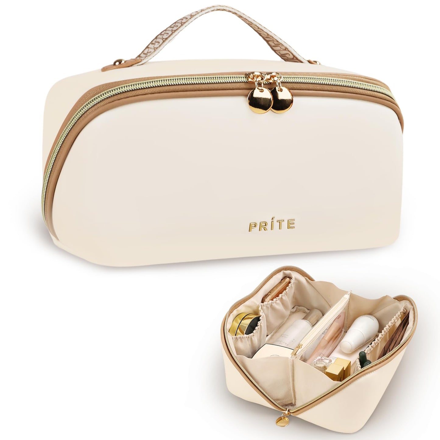 Prite Large Capacity Makeup Bag Portable Travel Cosmetic Bag Waterproof Toiletry Case with Clear Divider and Handle (Beige L)