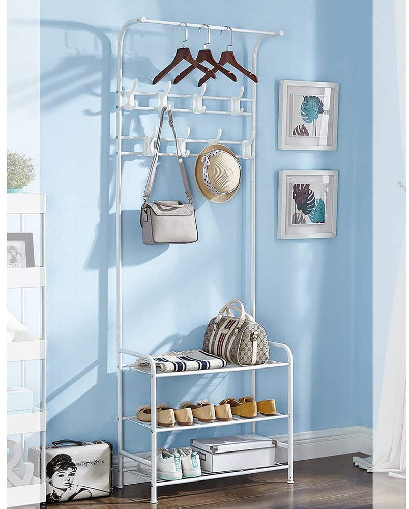 Coat Rack Shoe Bench with 8 removable Hooks, Metal Coat Hat Rack Free Standing Clothes Stand with 3-Tier Shoe Rack Bench, Hat Stand Hallway Organiser