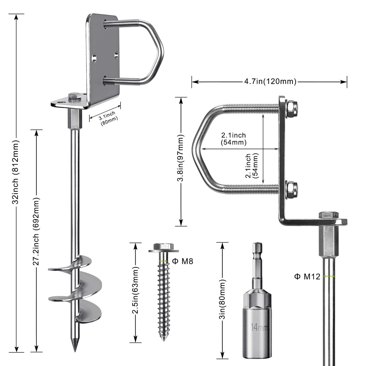 Insaga Multi-Purpose Ground Anchors Screw in, Wider Spiral Earth Anchors, Fully Welded Mobile Home Anchors for Trampolines, Swing Sets, Carports and