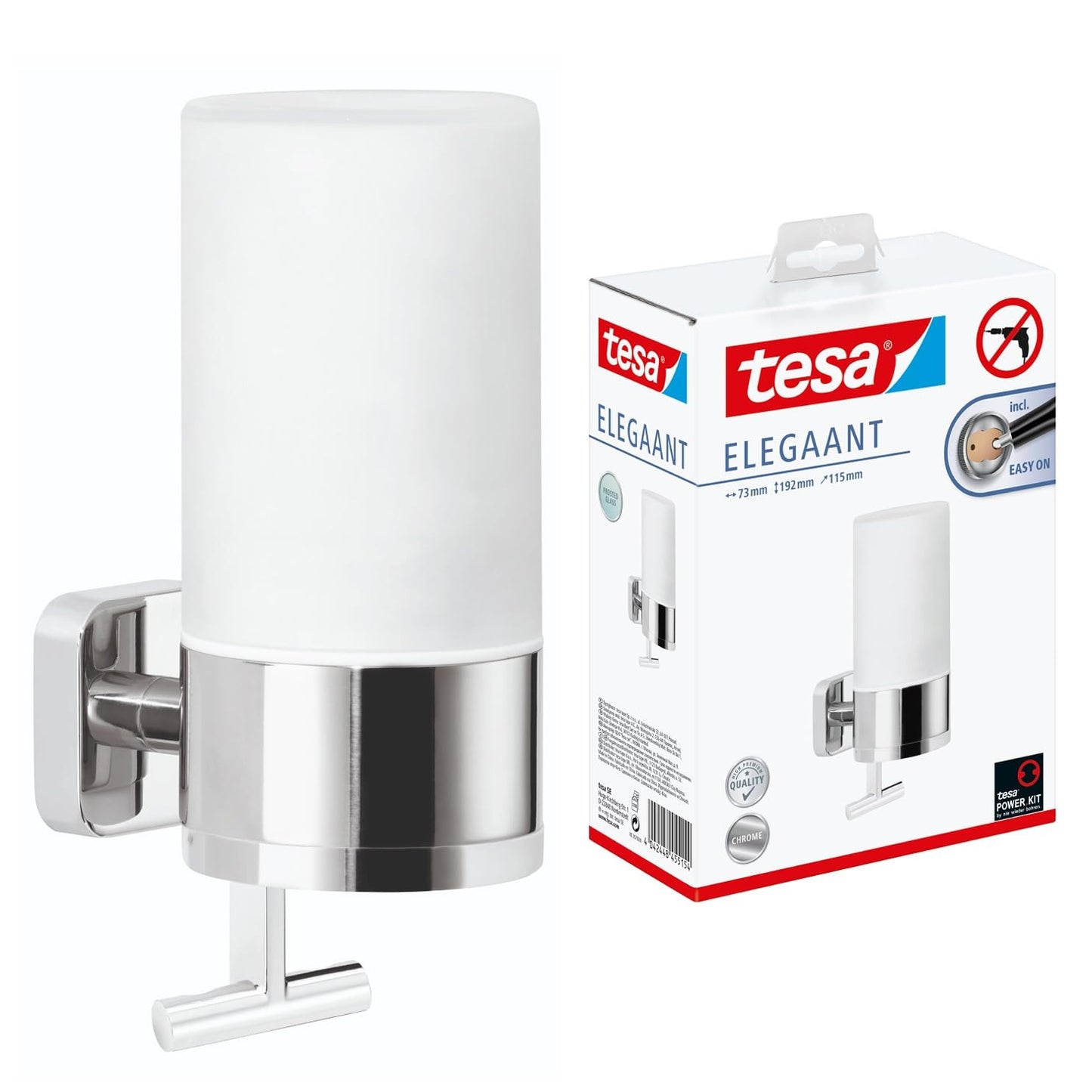 tesa ELEGAANT Soap Dispenser 230 ml - Self-Adhesive Hand Soap Dispenser in White Frosted-Glass Design with Pull Function - Waterproof, incl. Power.Kit