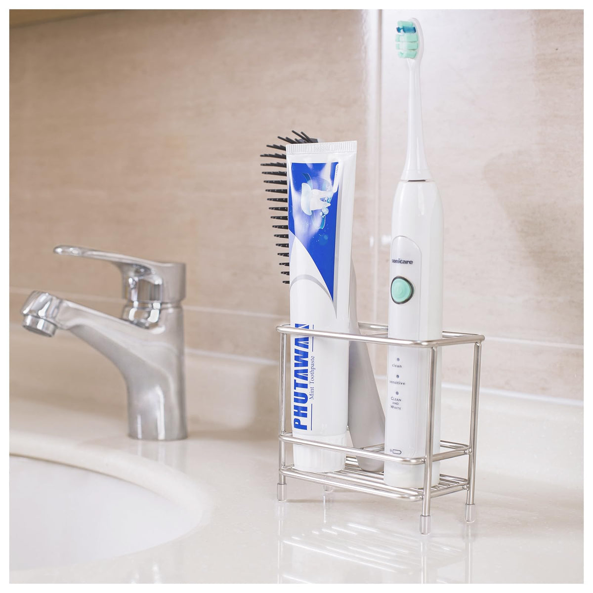 T.R.Sani. Small Toothbrush Holders for Bathrooms, Toothbrush and Toothpaste Holder for Countertop, Bathroom Accessories for Razor, Comb's Storage-Two