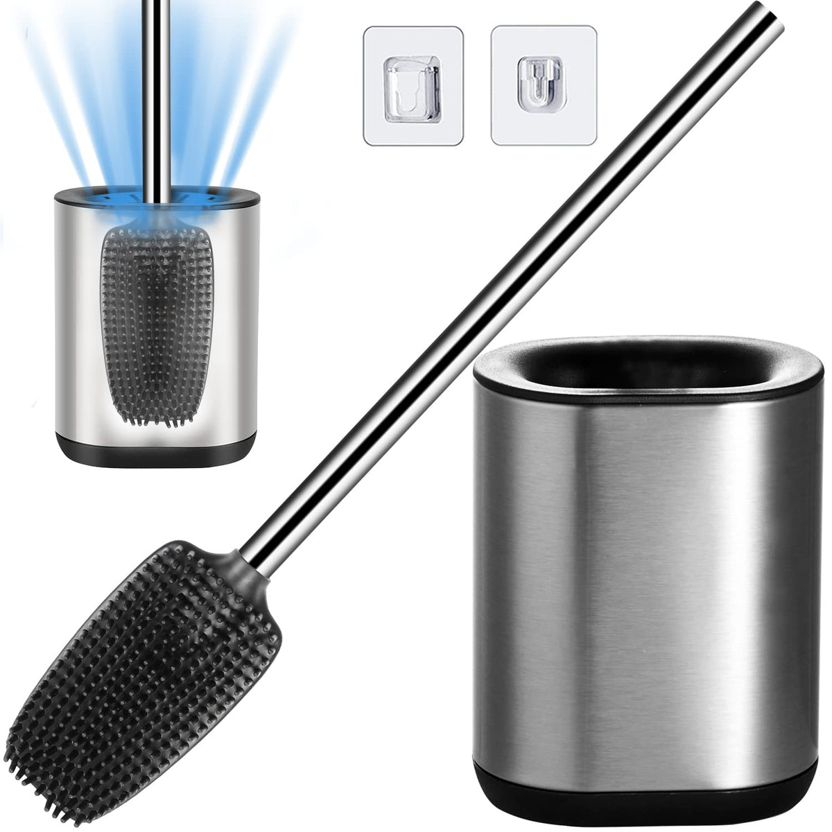 Bingobang Toilet Brush and Holder Set - 304 Stainless Steel, Silicone Brush Head, Cleaner for Bathroom (Silver)