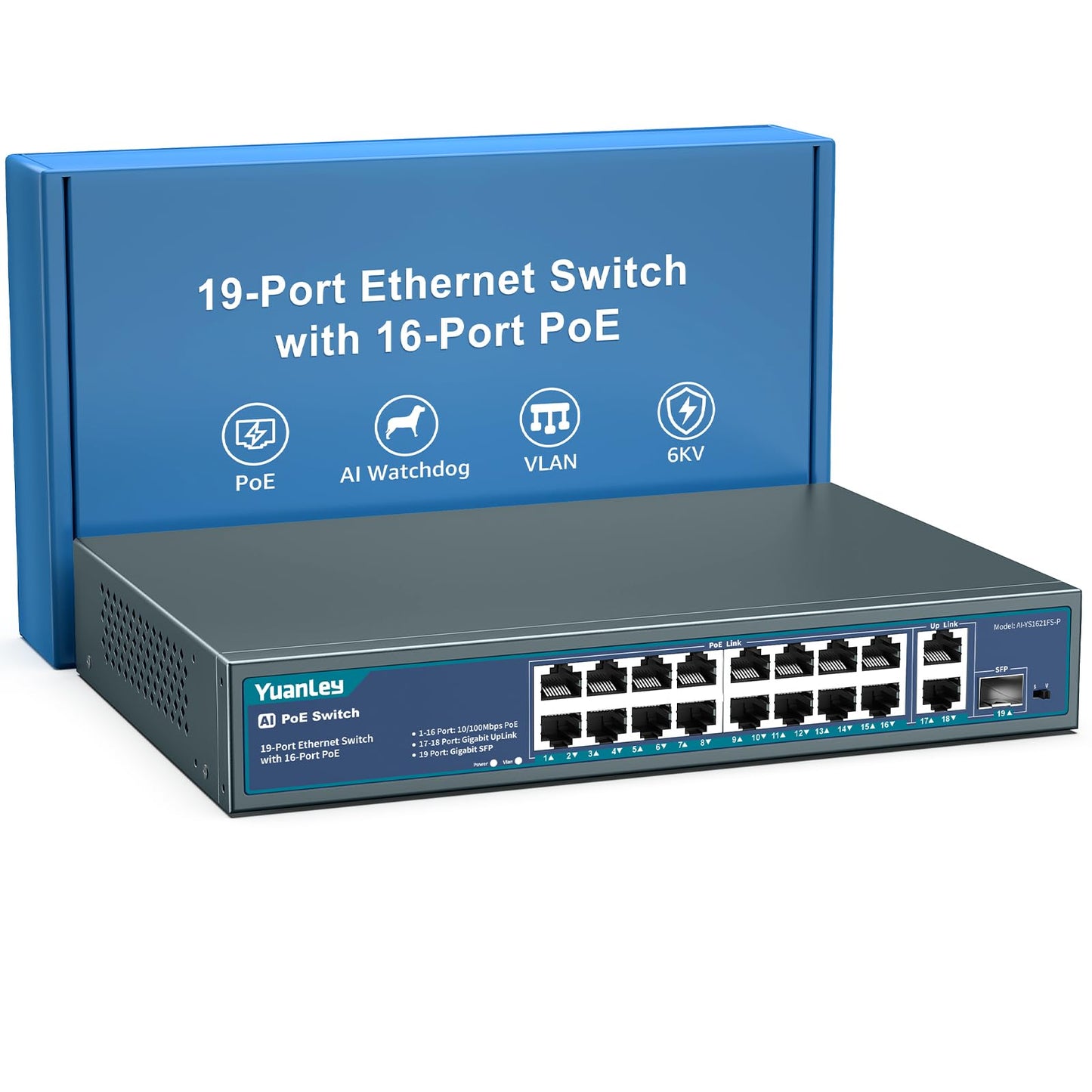 YuanLey 16 Port PoE Switch with 2 Gigabit Ethernet Uplink, 1 SFP Port, 250W PoE+ Port Support 802.3af/at, Unmanaged Network Switch with AI Watchdog,