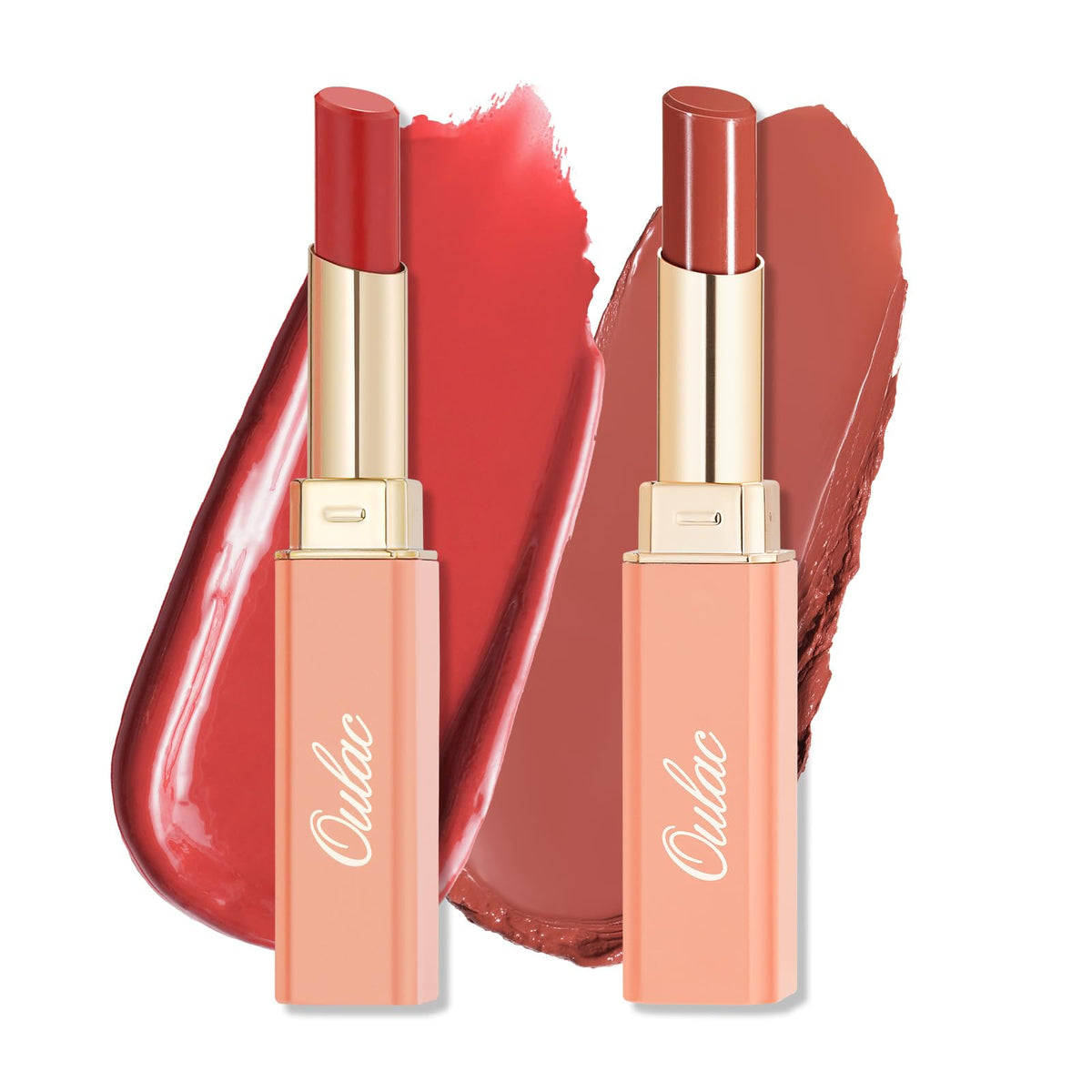 Oulac Apple Red Lipstick & Apricot Peach Lipstick, Moisturizing Lipsticks for Dry Lips, Medium Coverage | Glossy Finish, Juicy Look, Vegan 01/16