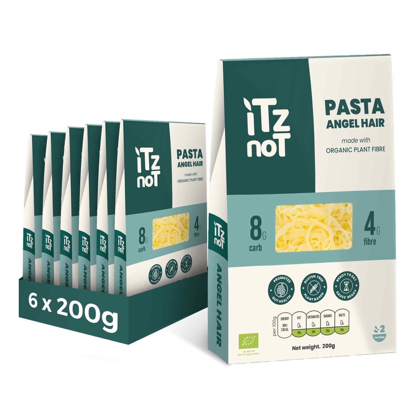 iTz noT jusT Pasta Angel (Pack of 6, 200g Each) Ready Cooked, Shirataki, Moyu, Konjac Plant Fibre Pasta, Low Carb, & No Added Preservatives, Healthy,