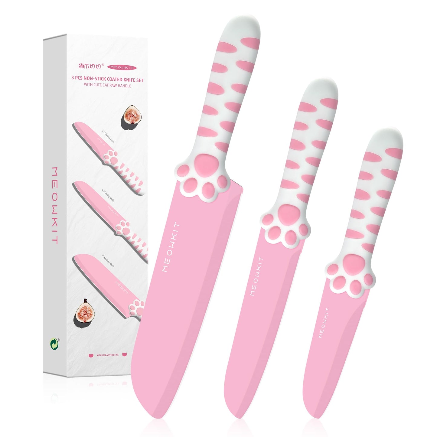 MEOWKIT Stylish & Cute 5 Pieces Kitchen Knife Set with Non-Stick Coated Cat Paw Handle for Modern Kitchens, Daily Use and Gift Giving (Pink)
