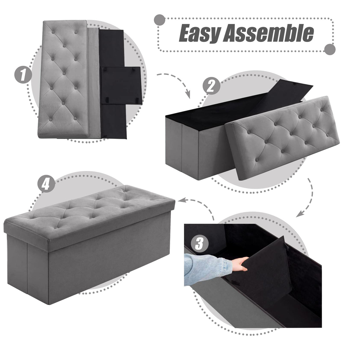 BRIAN & DANY Folding Storage Ottoman Bench, Velvet Large Ottoman Storage Box for Living Room and Bedroom 110 x 40 x 40 cm - Gray