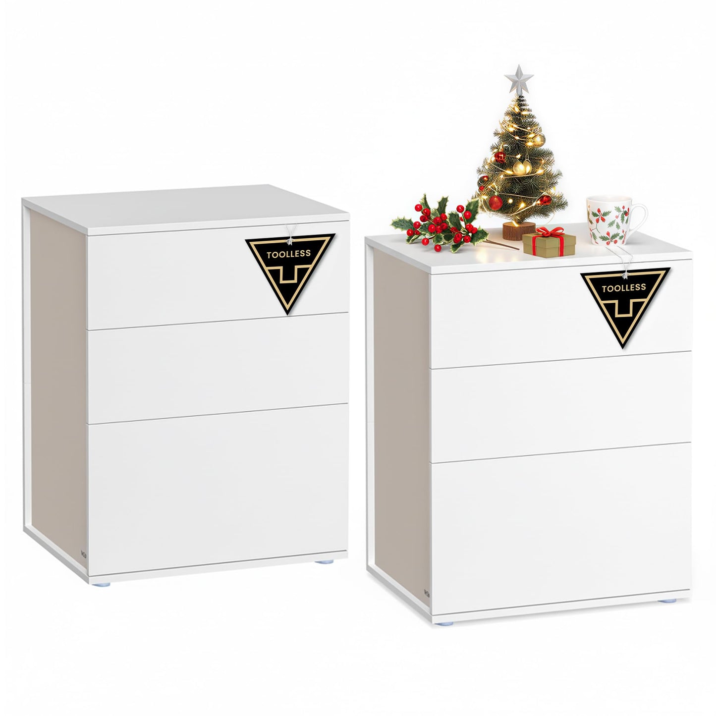 VASAGLE 2 Set Bedside Tables with 3 Drawers, Superfast Toolless Assembly, Bed Side Cabinet Nightstand, White Chest Of Drawers for Bedroom/Living Room,